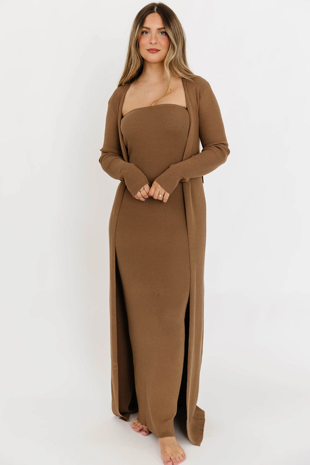 Lina Two Piece Dress Set in Taupe - Bump Friendly & Inclusive Sizing All Time Fit Chic Vibe