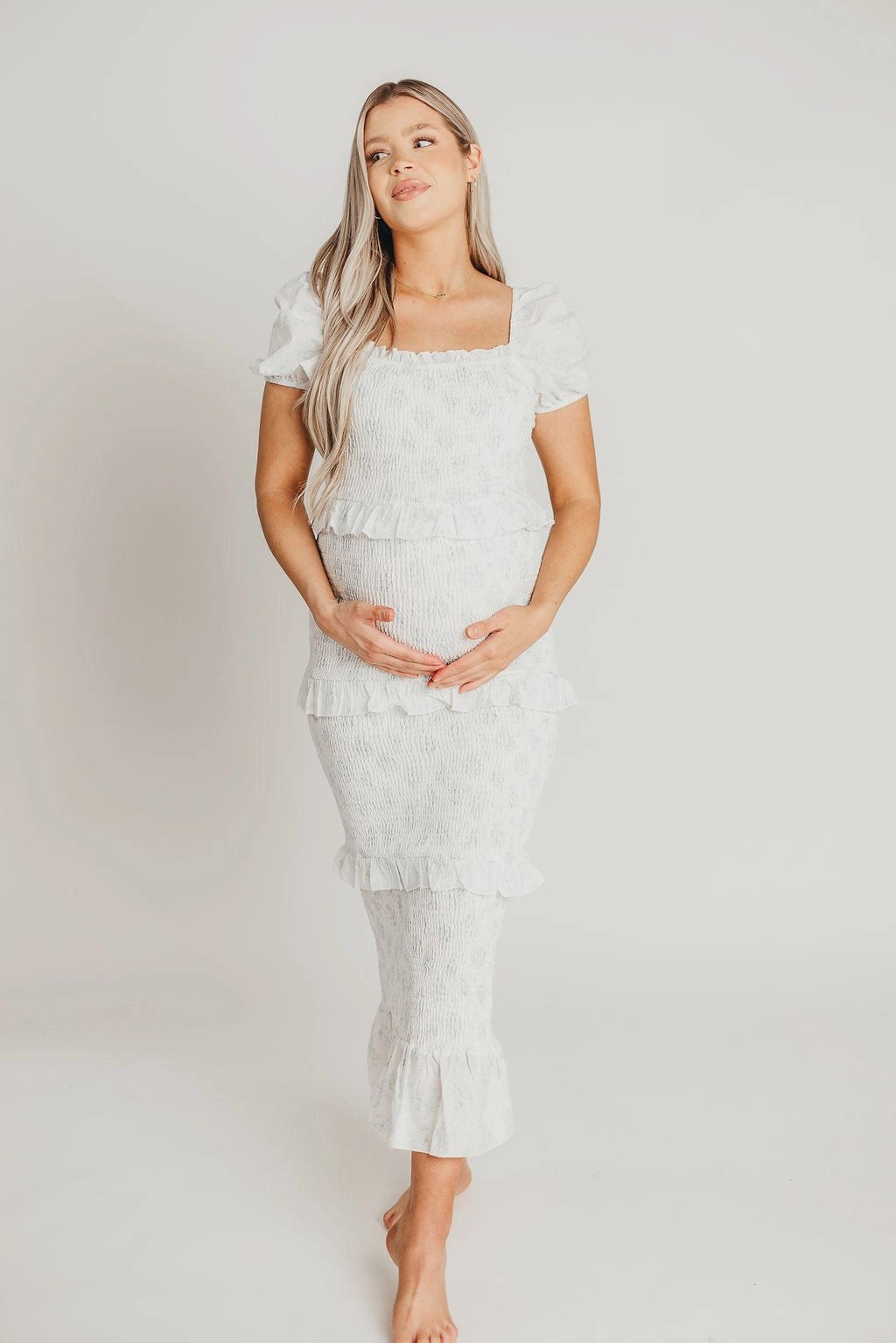 Ada Smocked Dress in Blue Floral- Bump Friendly & Inclusive Sizing (S-3XL) *Final-Sale* Slim Shape