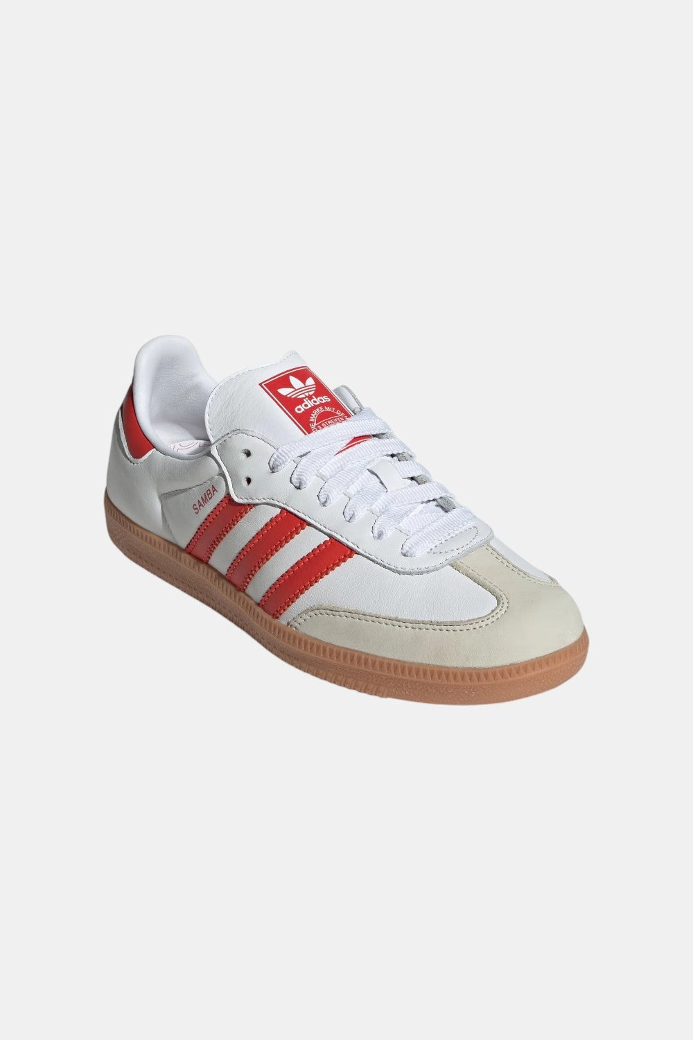 Adidas Samba OG Shoes in Cloud White, Solar Red & Off-White Anti Odor Treatment Endurance Style.
