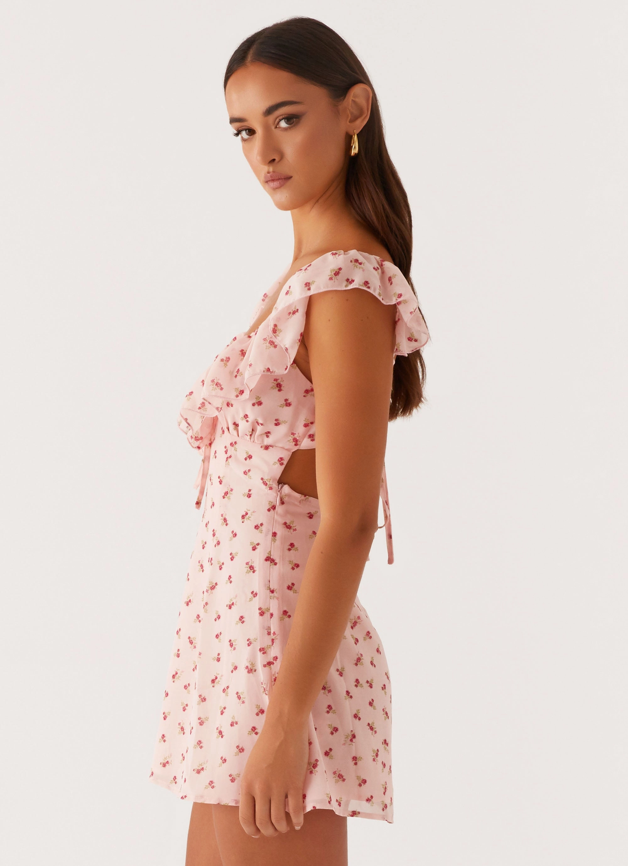 Adrina Ruffle Mini Dress - Pink Flower Neutral Feel