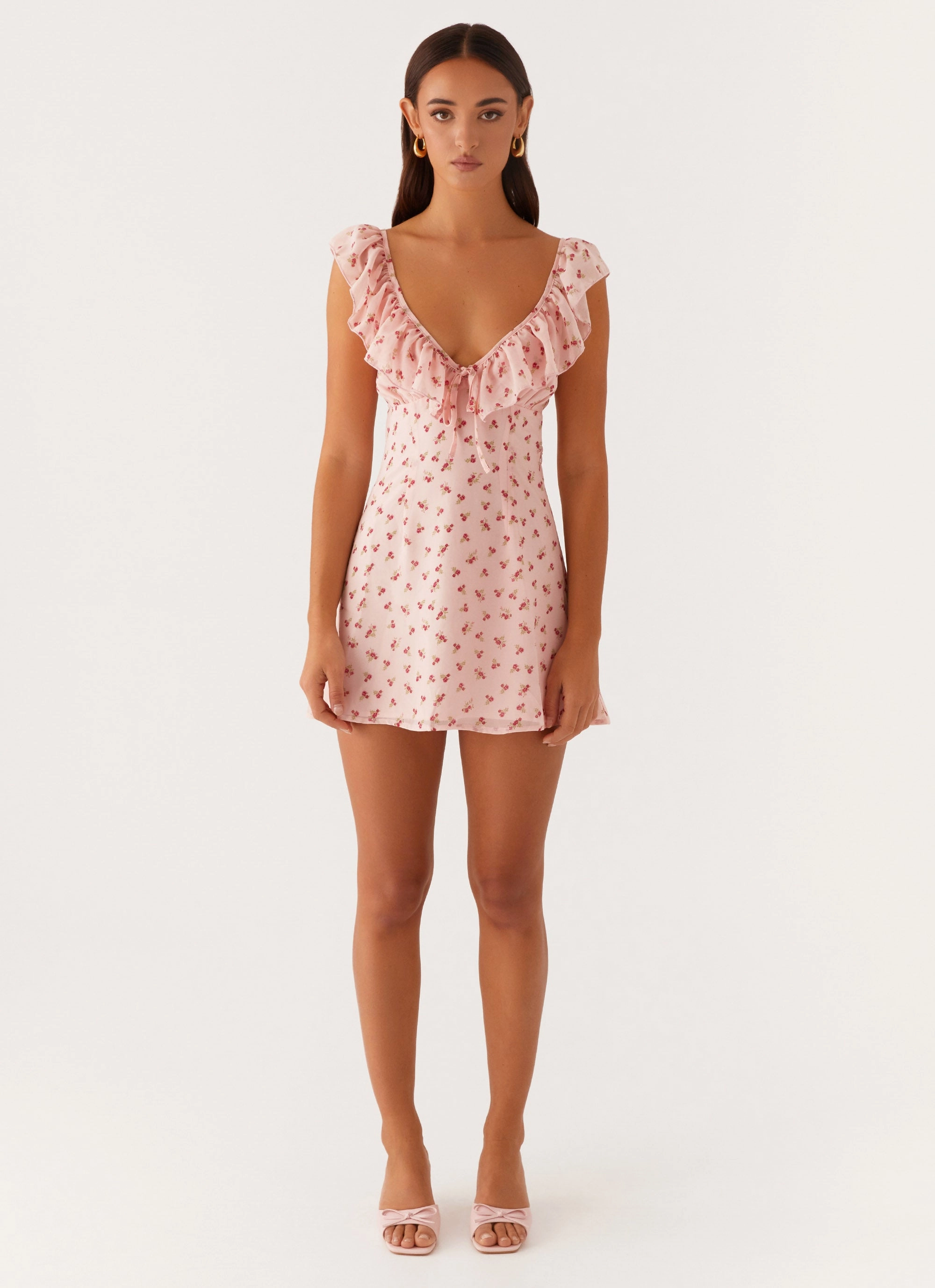 Adrina Ruffle Mini Dress - Pink Flower Elegant Fit Eco-Lining