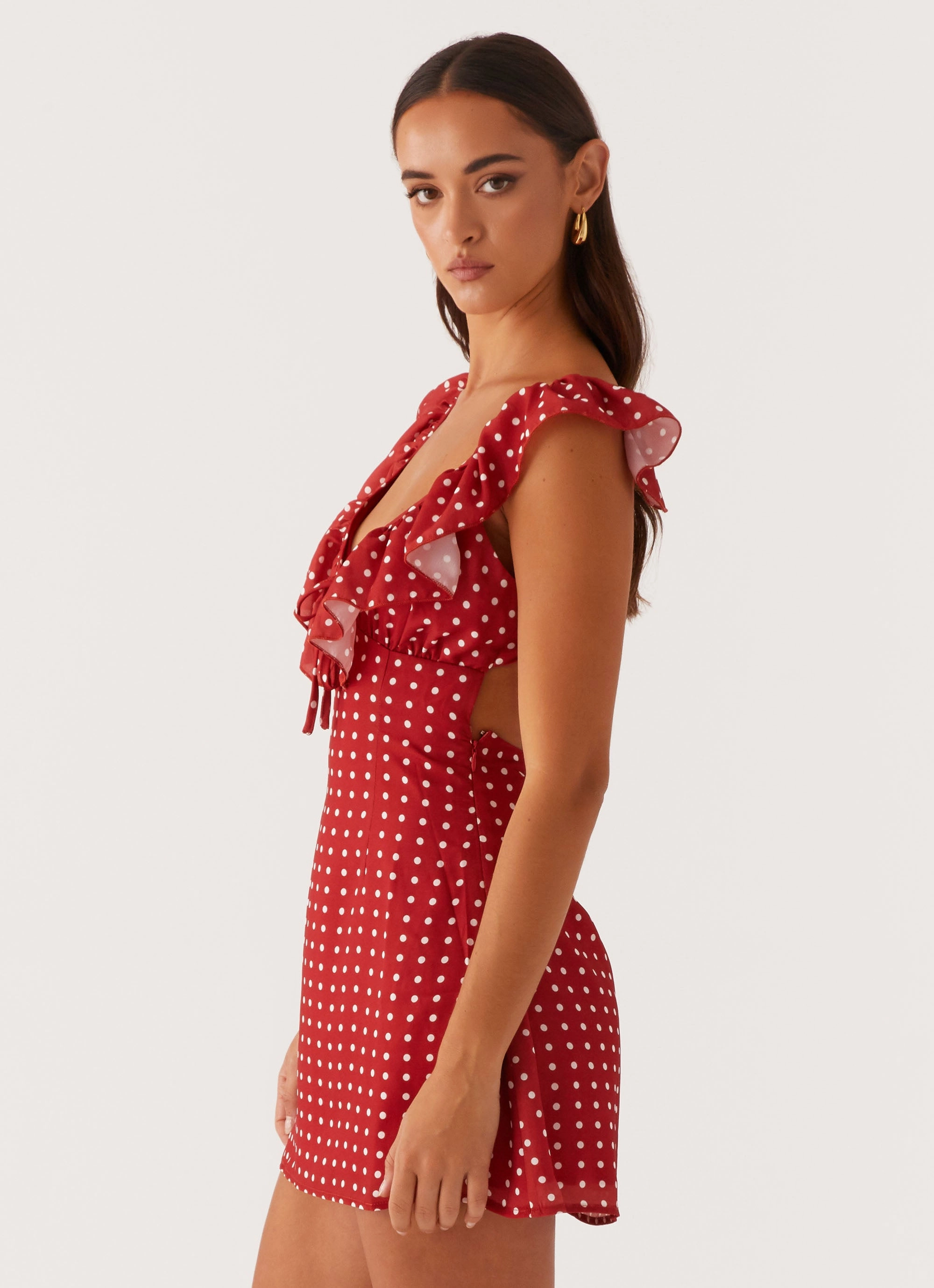 Quick Elegance Comfy and Relaxed Adrina Ruffle Mini Dress - Red Polka Dot