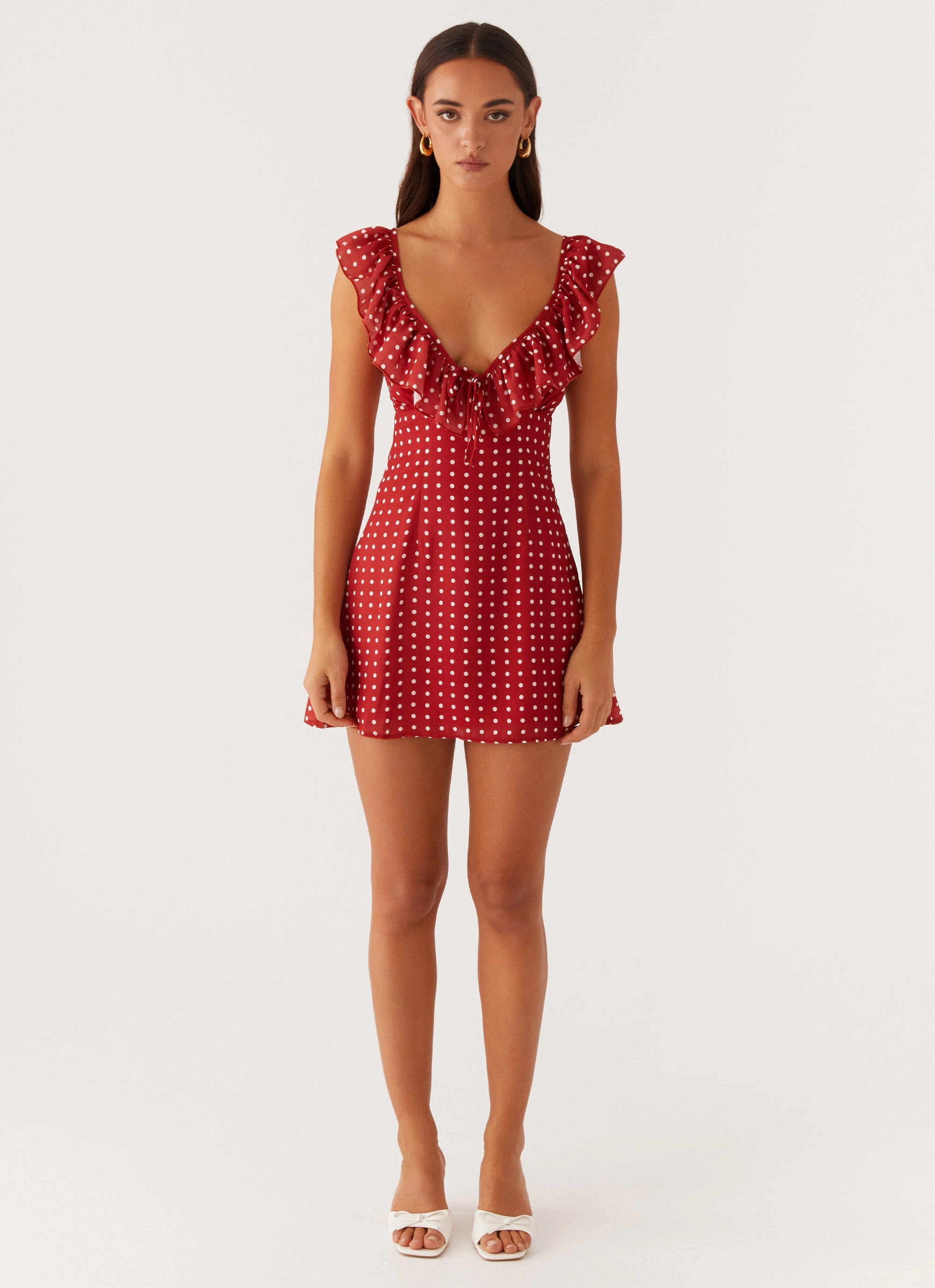Lawn Soft Vintage feel Adrina Ruffle Mini Dress - Red Polka Dot