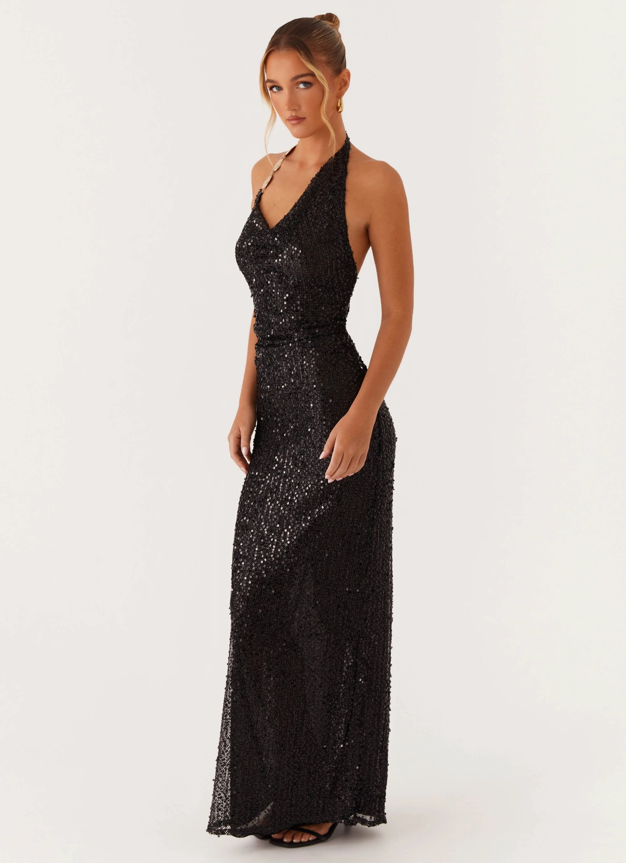 museum visit Casual Chic After Tonight Sequin Cowl Neck Maxi Dress - Black