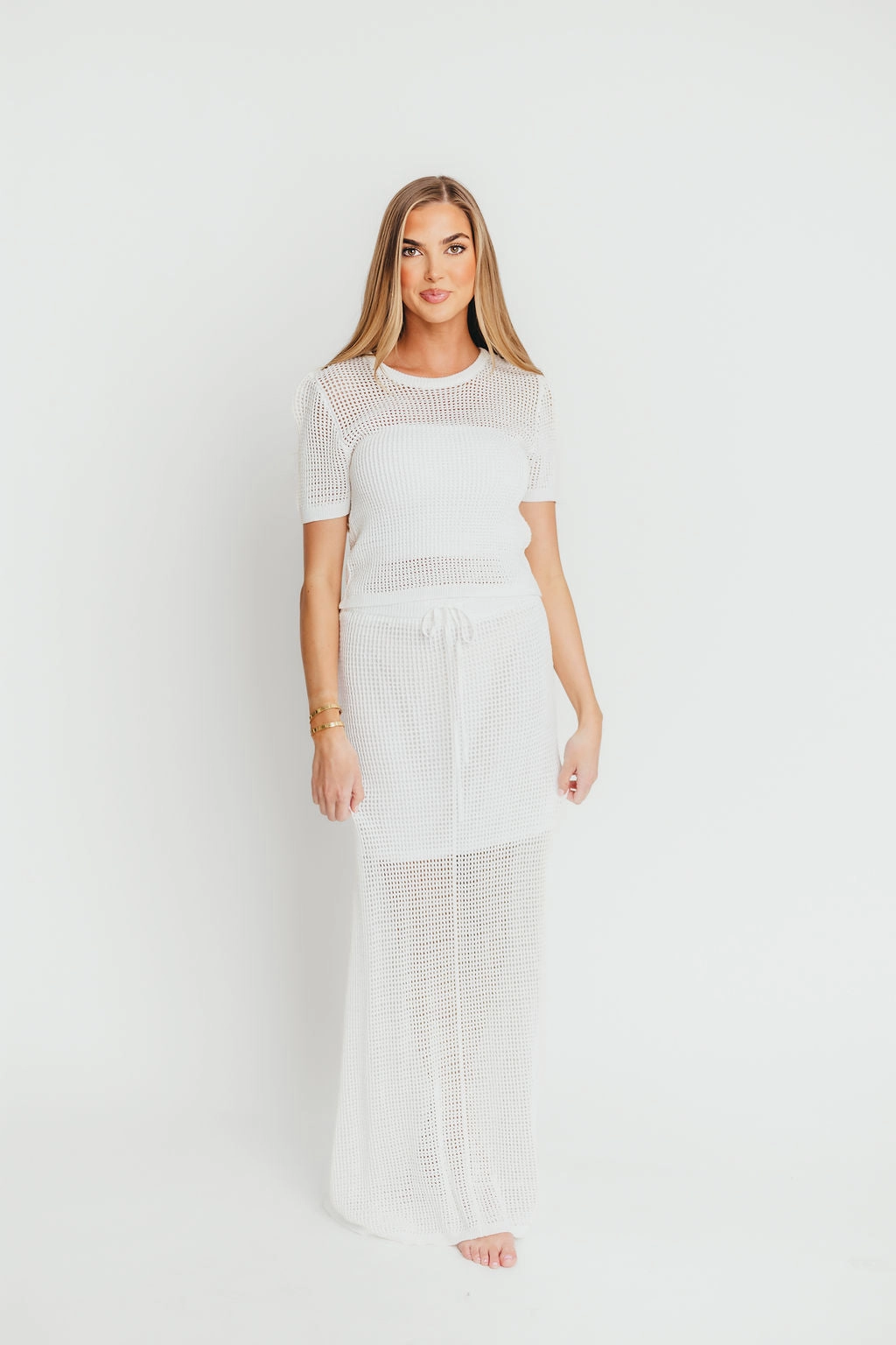 High-Fashion Flattering Style Aidan Open Knit Top and Maxi Skirt Set in Off-White *Final-Sale*