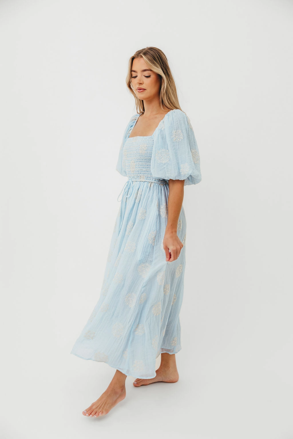 Aimee Smocked Embroidered Floral Midi Dress in Blue elegant design Delicate Finish