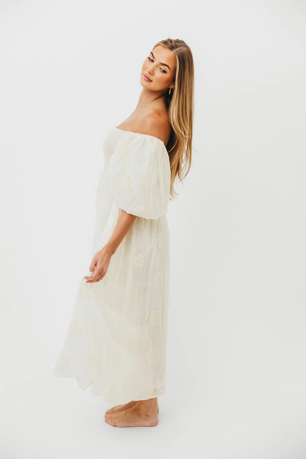 Casual Mode Aimee Smocked Embroidered Floral Midi Dress in Ivory