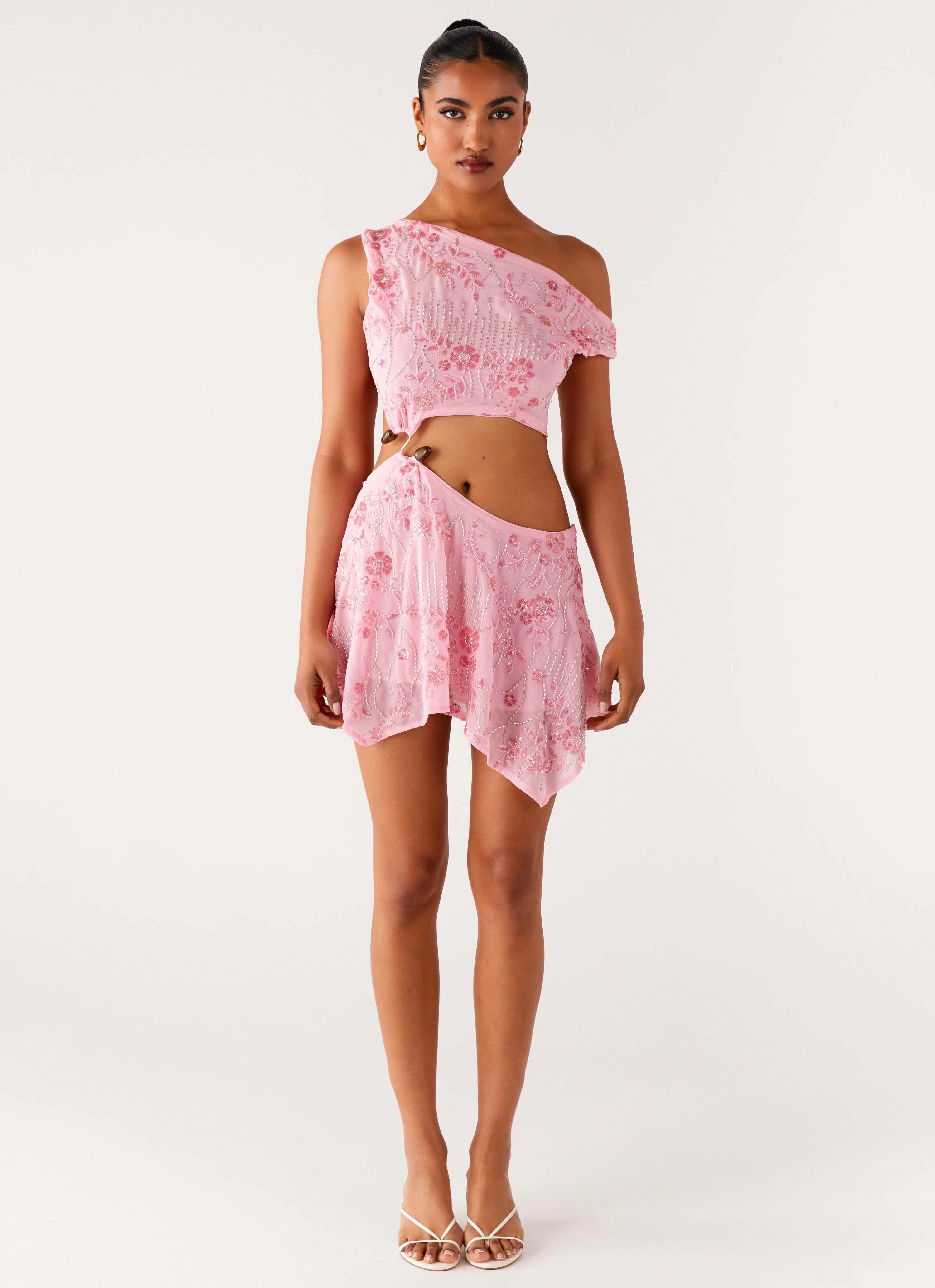 Front-Slit Aletta Sequin Mini Dress - Pink