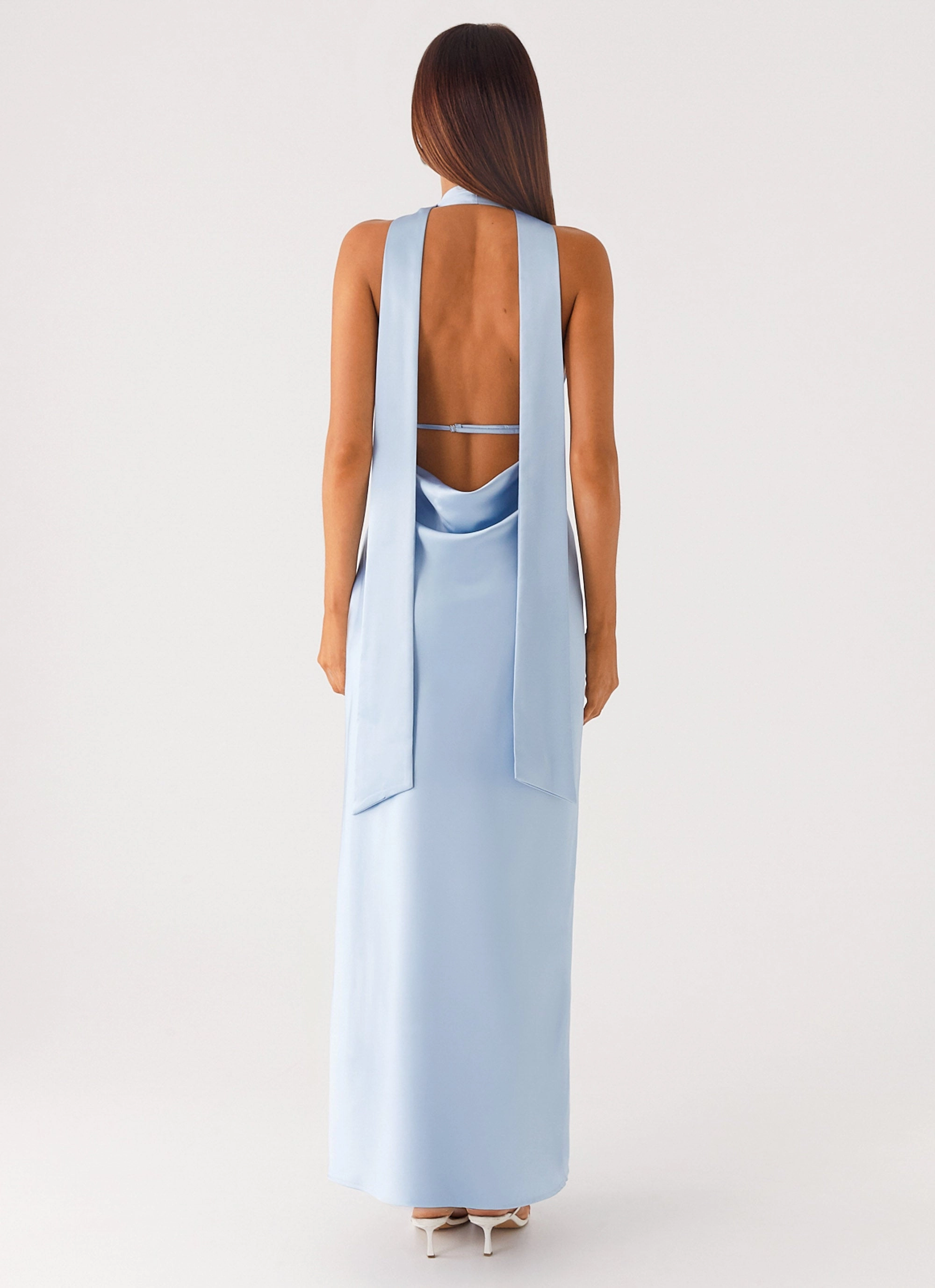 Alicia Satin Halter Maxi Dress - Baby Blue Calm Outfit