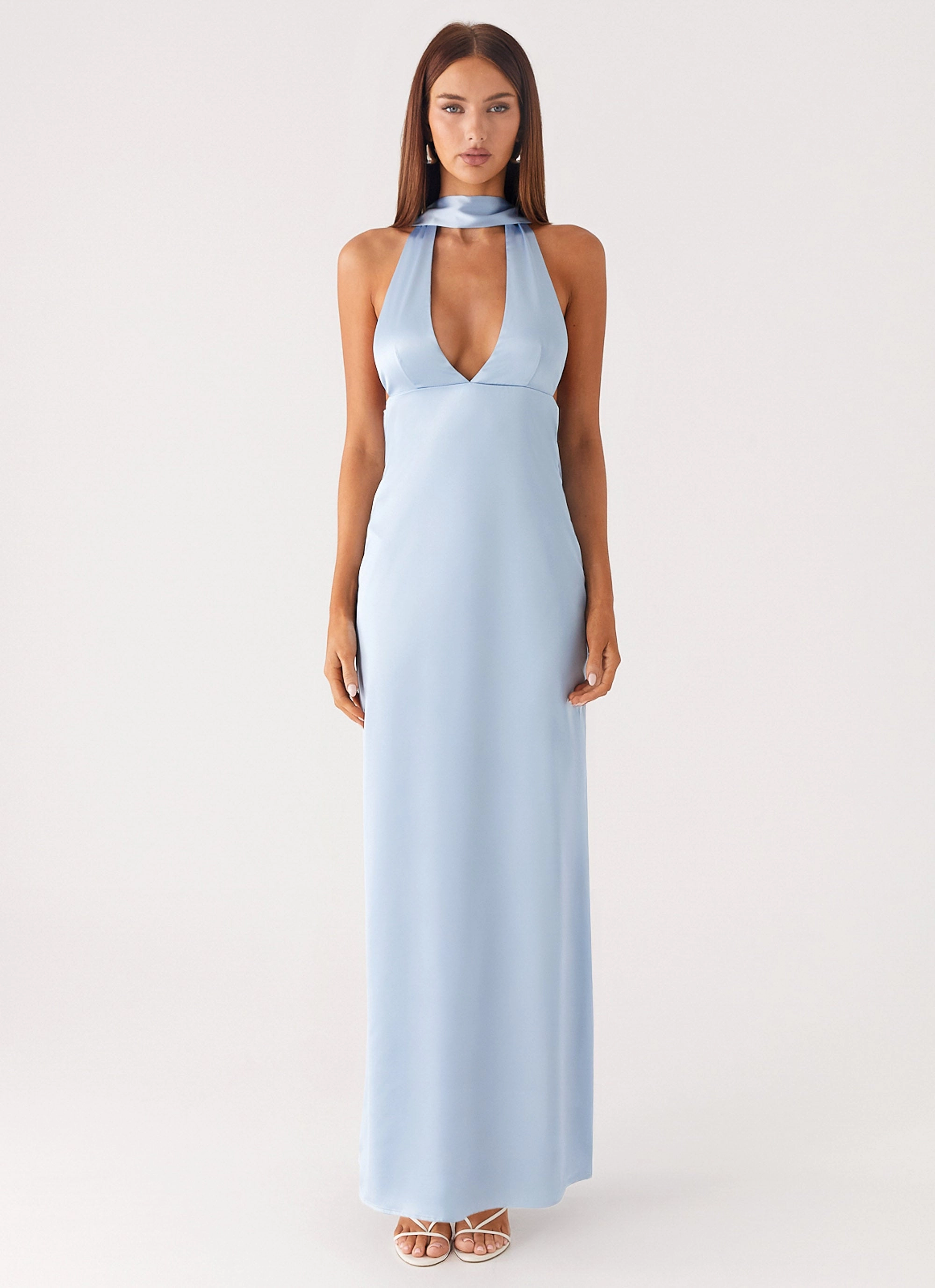 Relaxed and Elegant Calm Touch Alicia Satin Halter Maxi Dress - Baby Blue