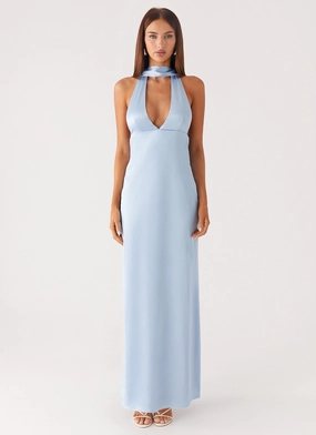 Relaxed and Elegant Calm Touch Alicia Satin Halter Maxi Dress - Baby Blue