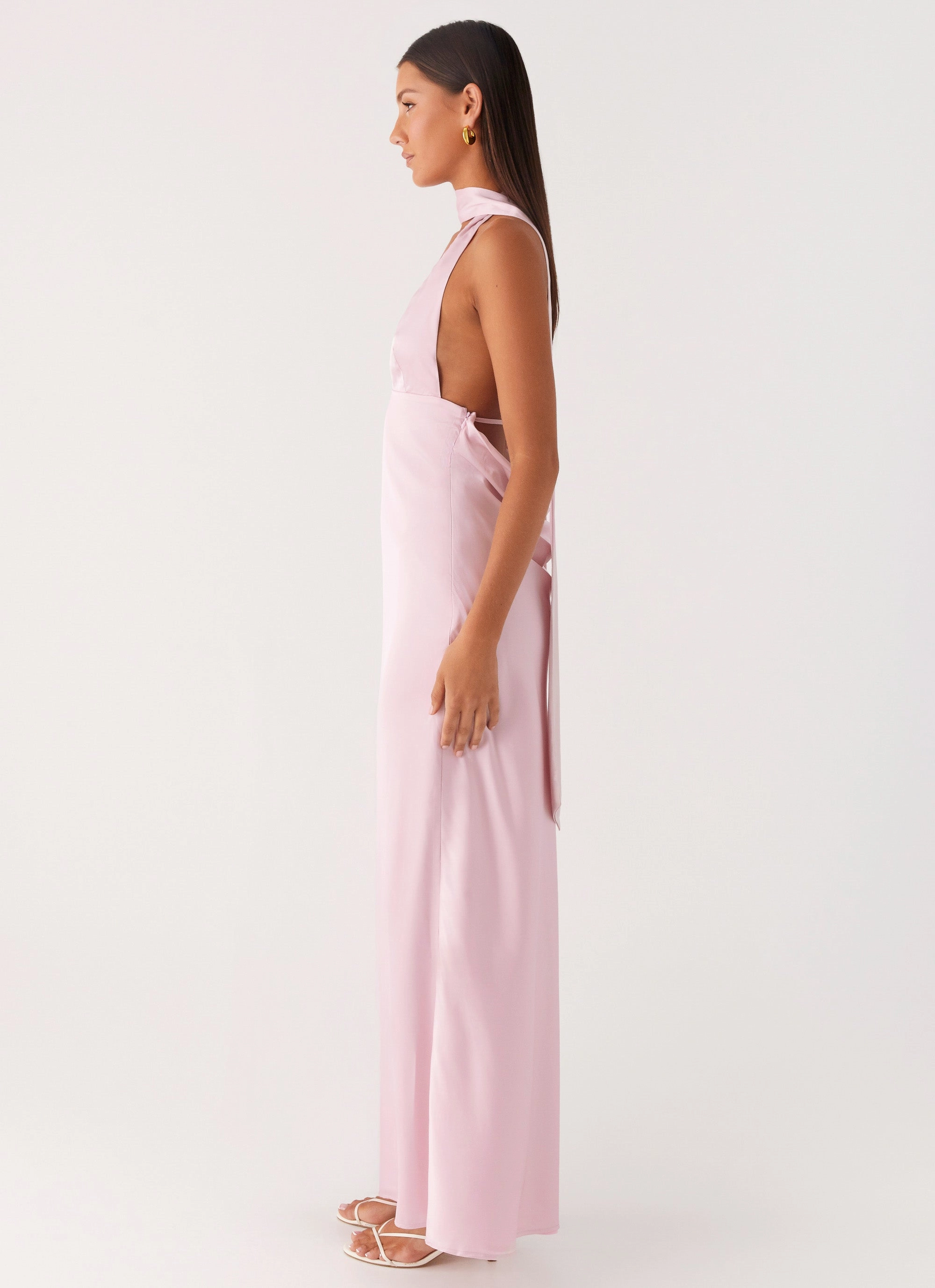 Alicia Satin Halter Maxi Dress - Baby Pink Soft Layering Flexible Style