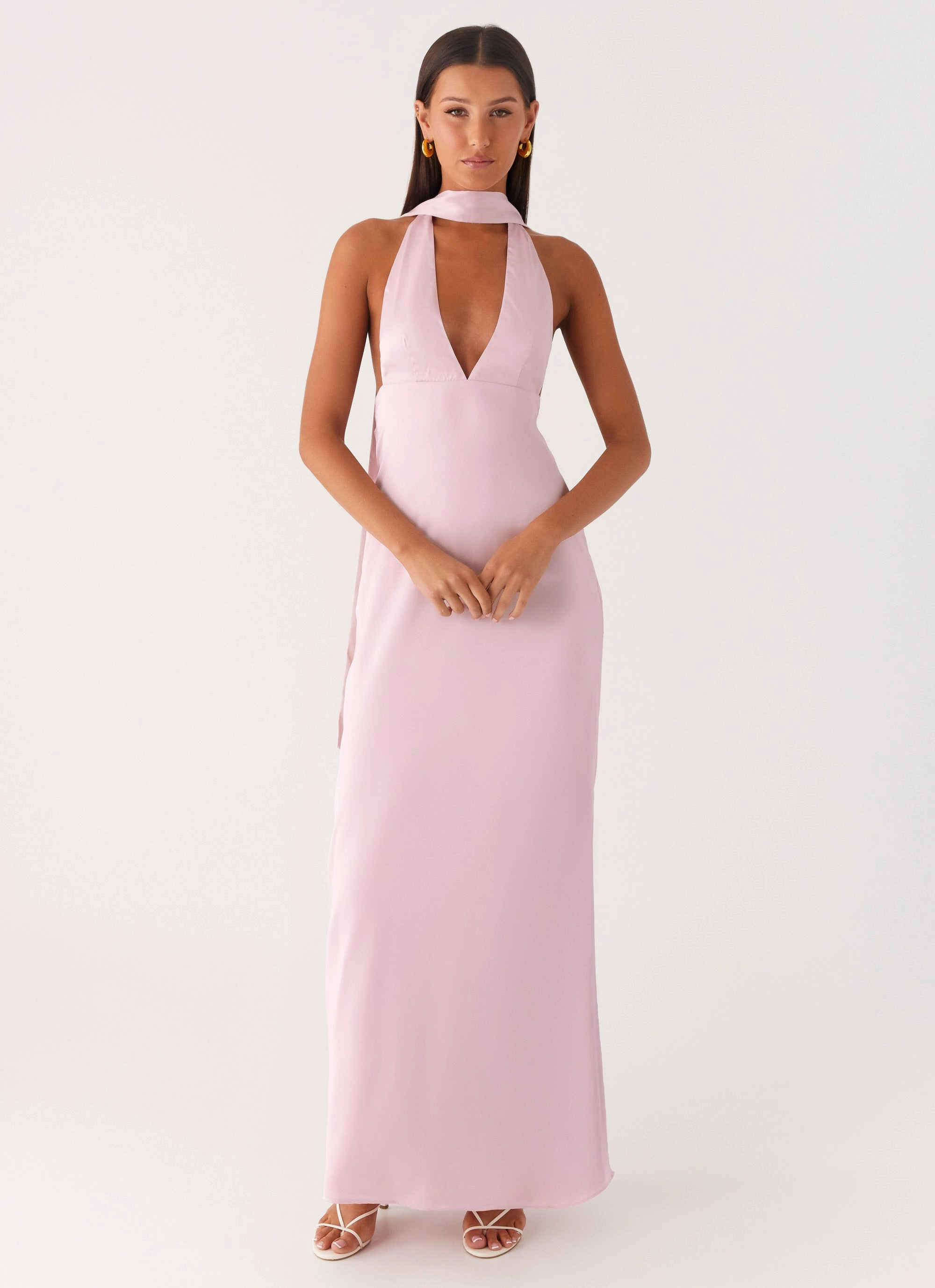 Smooth-Lining Sophisticated Appeal Alicia Satin Halter Maxi Dress - Baby Pink
