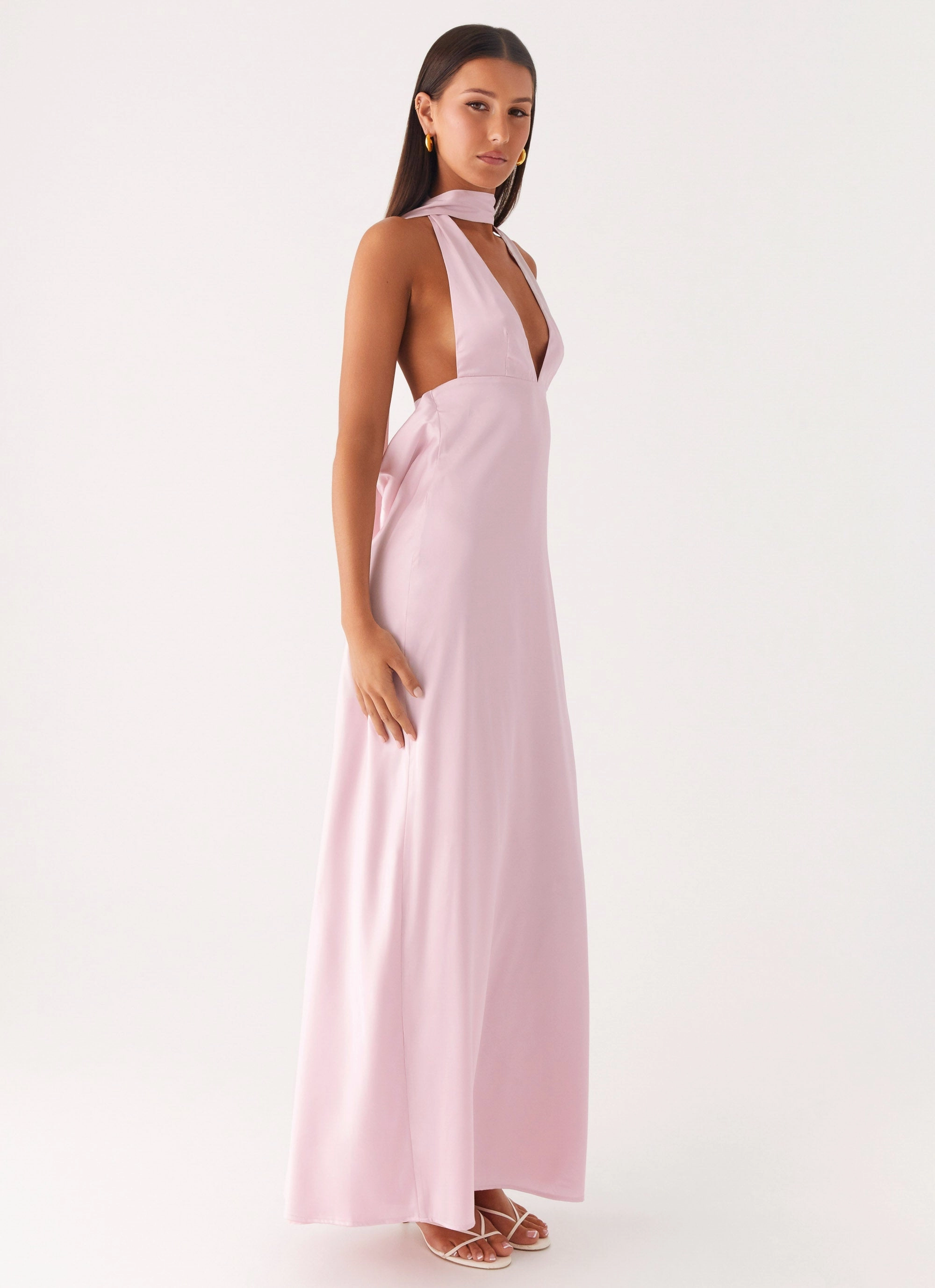 City Rhythm Alicia Satin Halter Maxi Dress - Baby Pink