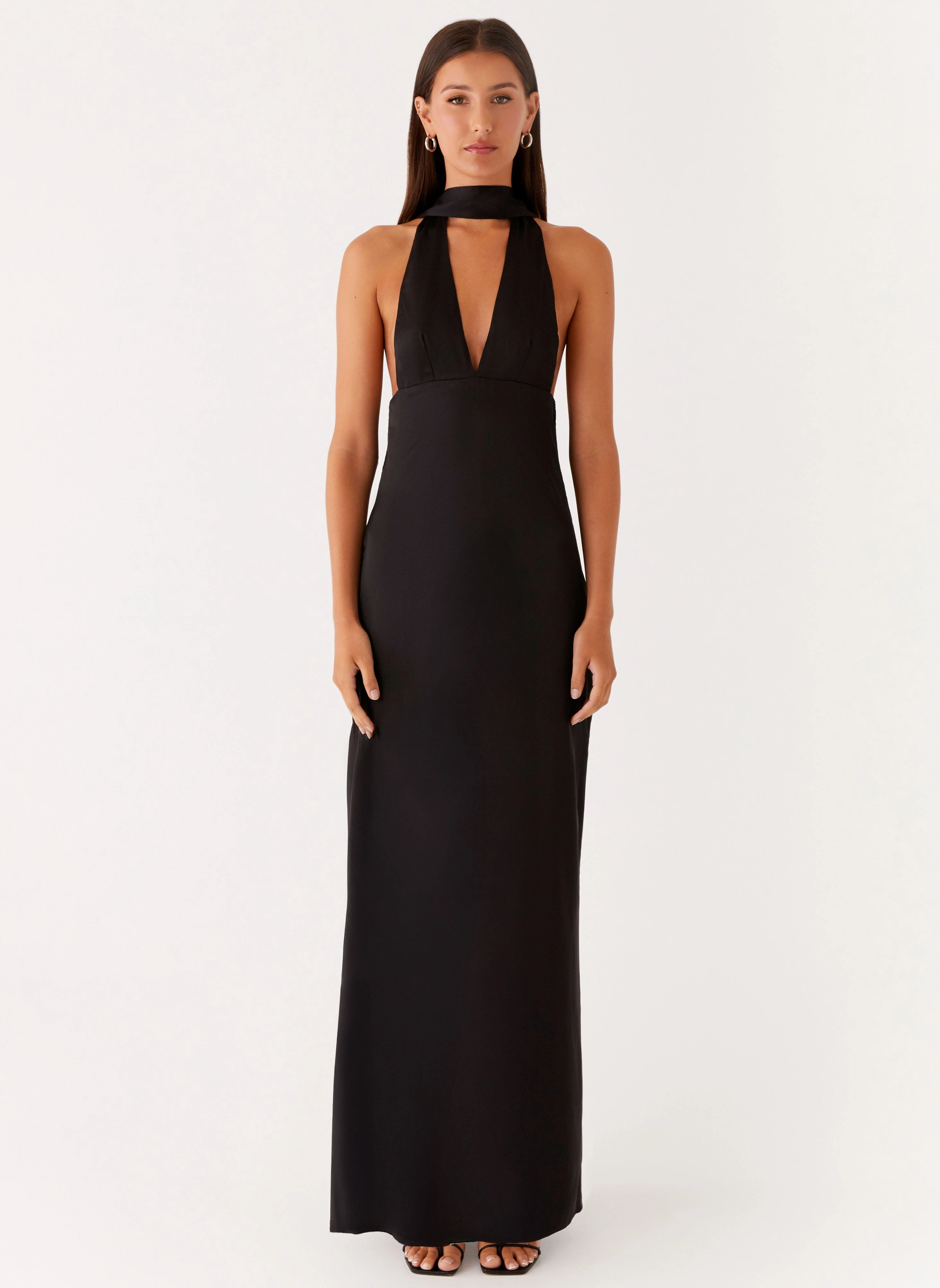 Belted-Style New York Alicia Satin Halter Maxi Dress - Black
