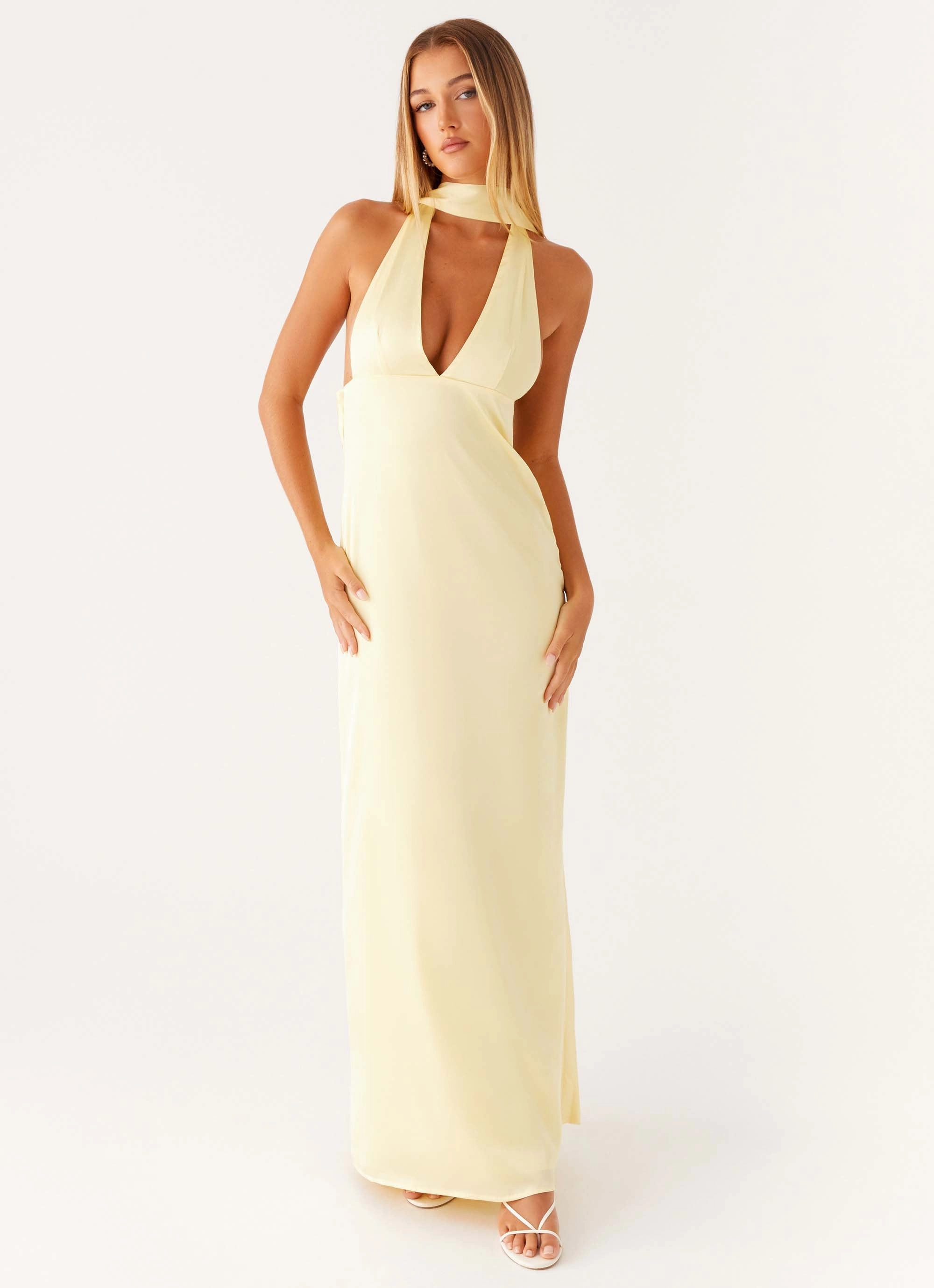 Alicia Satin Halter Maxi Dress - Yellow Boxy-Style Smooth Look