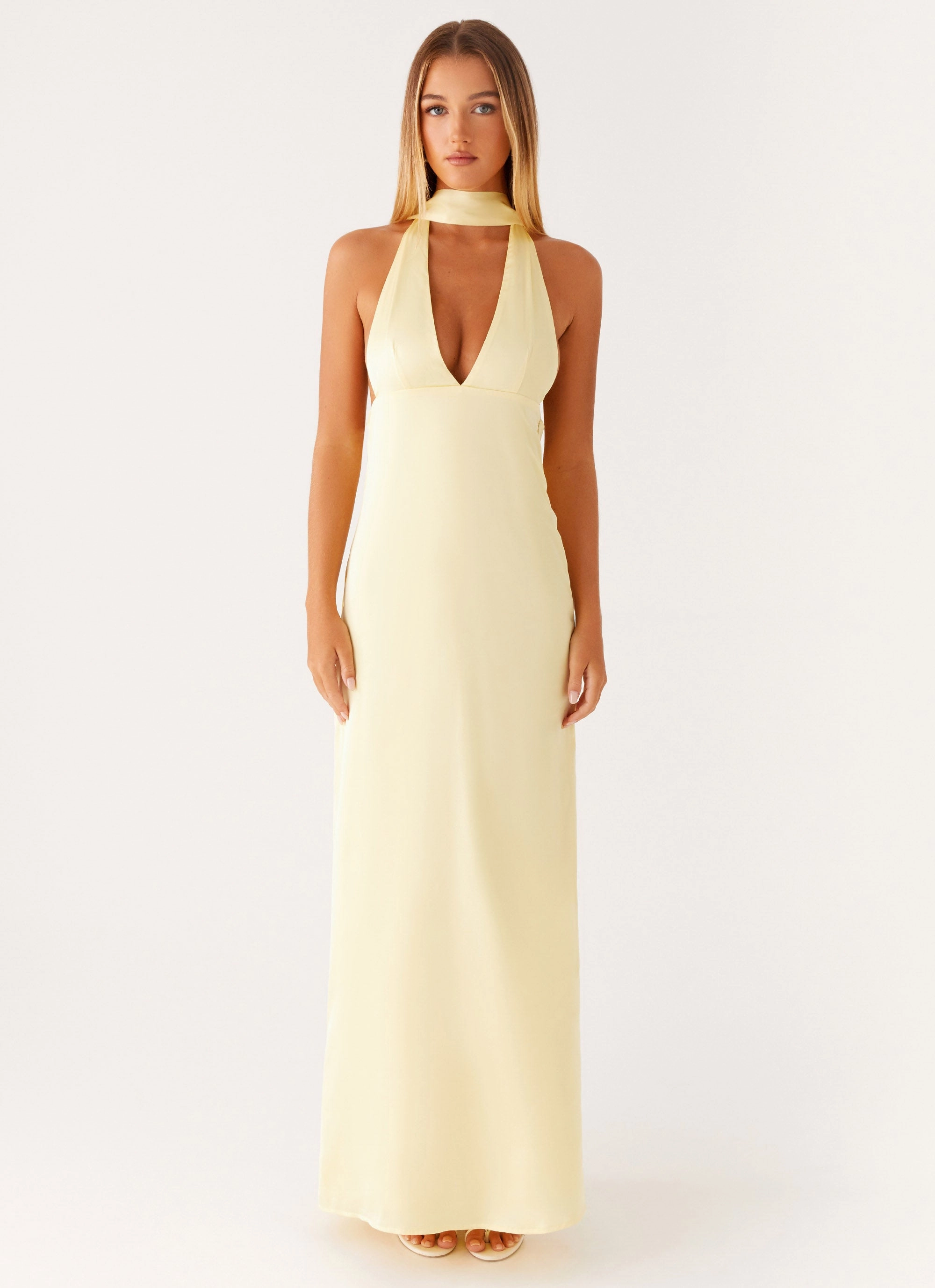 Elegant Layering Alicia Satin Halter Maxi Dress - Yellow