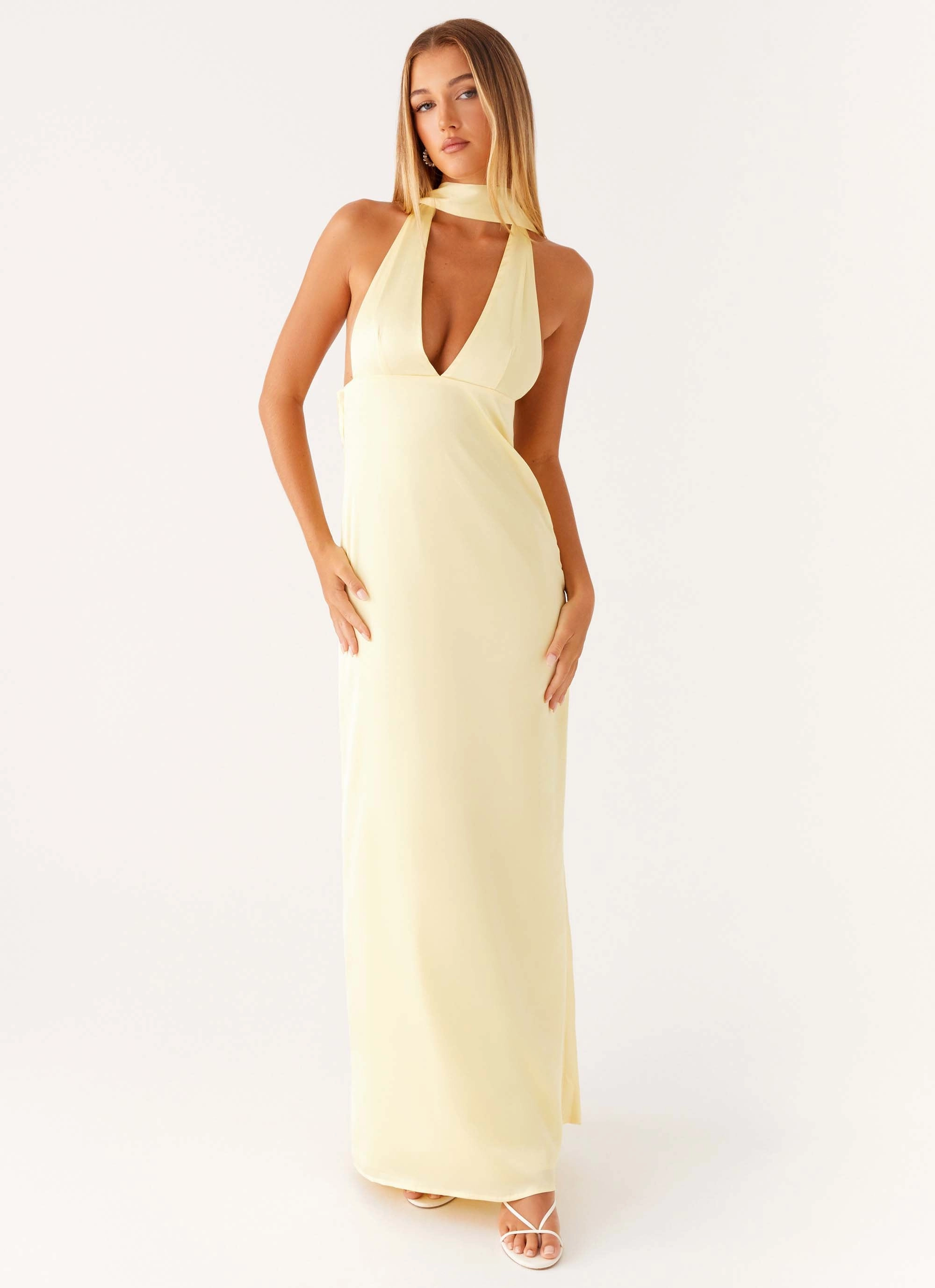 Alicia Satin Halter Maxi Dress - Yellow Movement Ready Cozy Cut