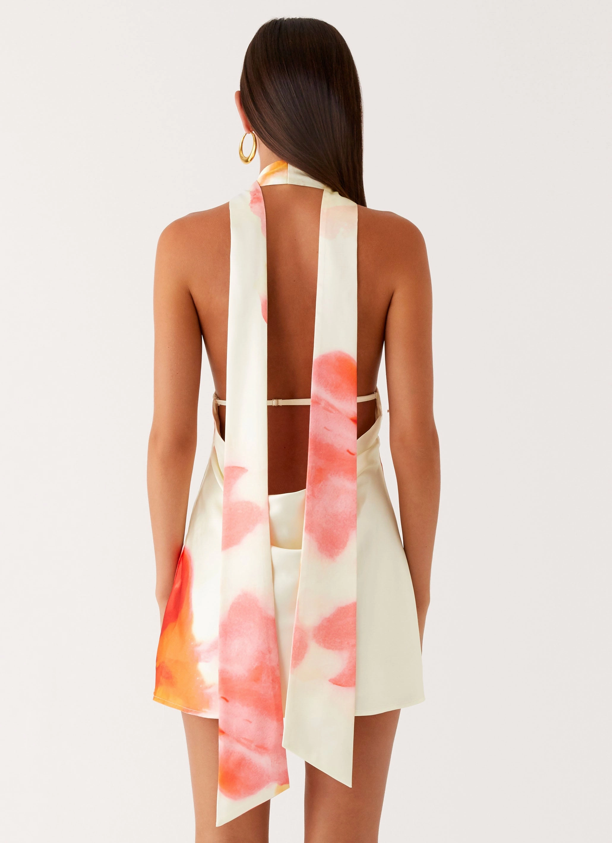 Alicia Satin Halter Mini Dress - Mimosa Blossom Clasp-Closure