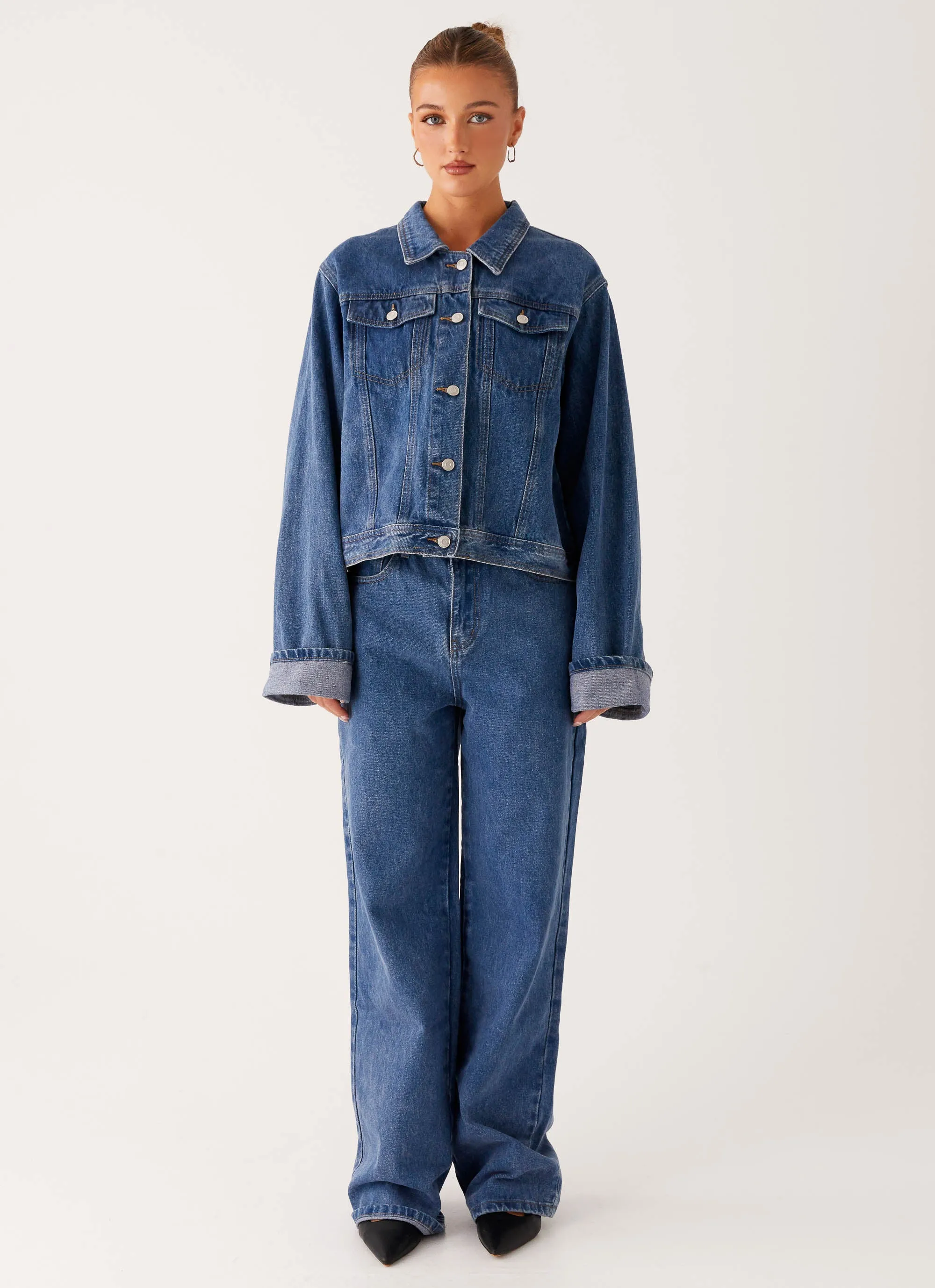 Back Again Oversized Denim Jacket - True Blue suitable for community activities
