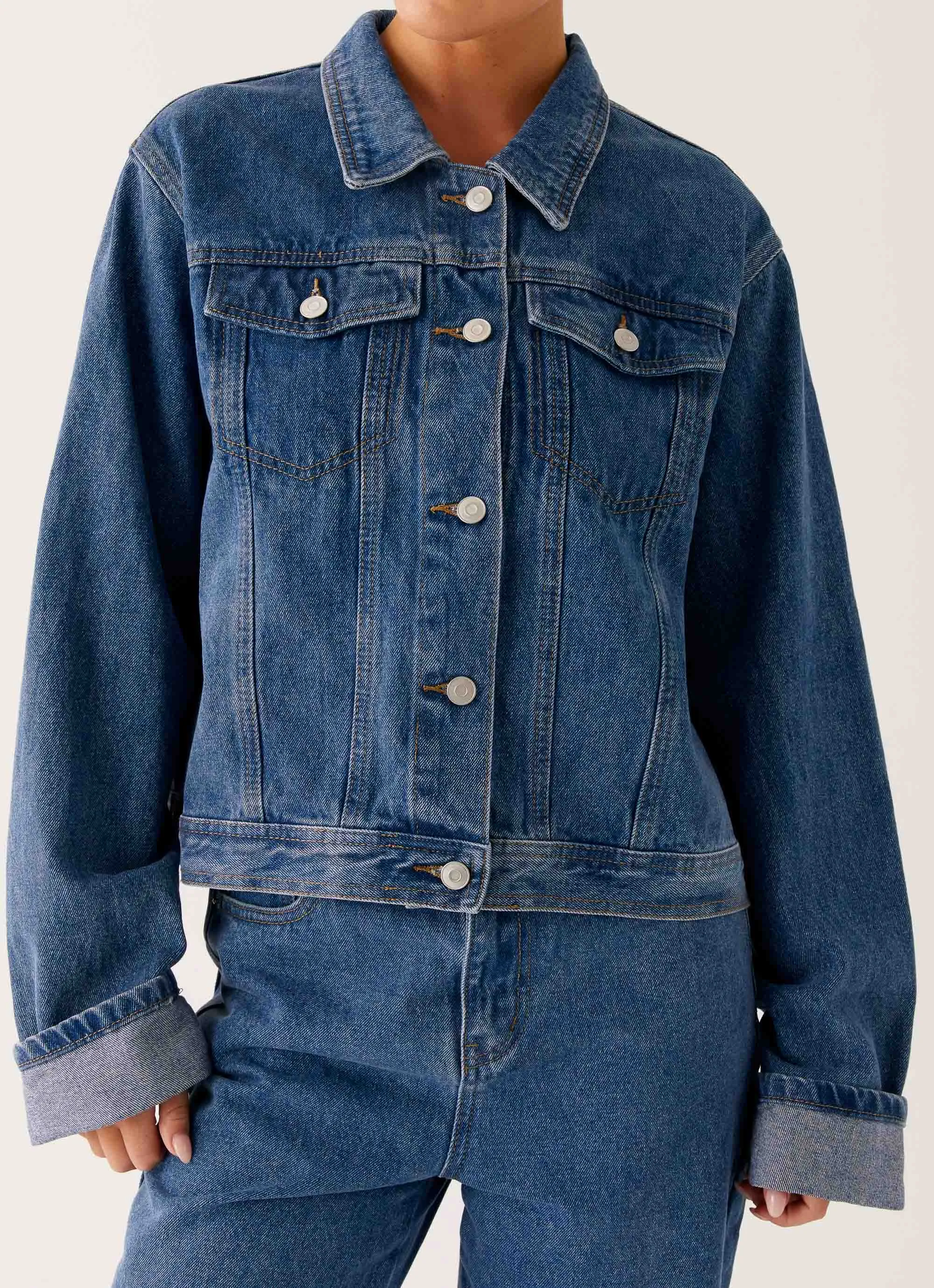 Back Again Oversized Denim Jacket - True Blue Stretchable Material