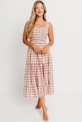 Eileen Plaid Maxi Dress in Pink Warm Base Vacation Outfit