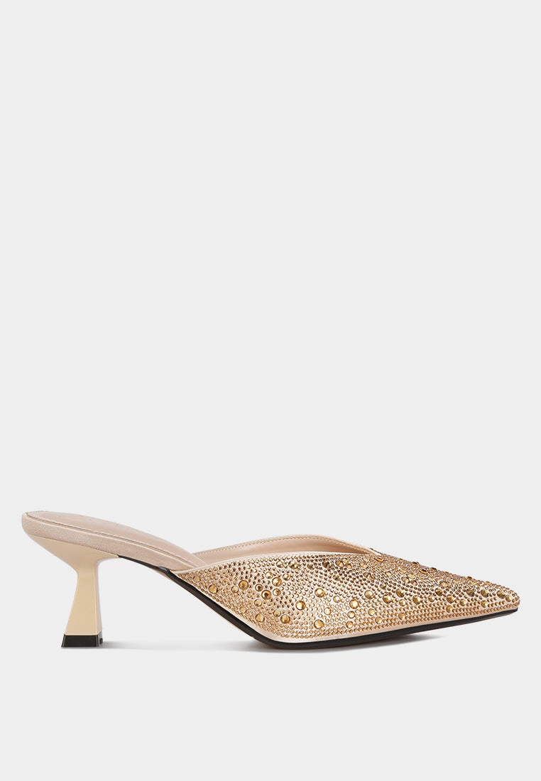 aldora rhinestones embellished satin mules Knit Material Foot Relief