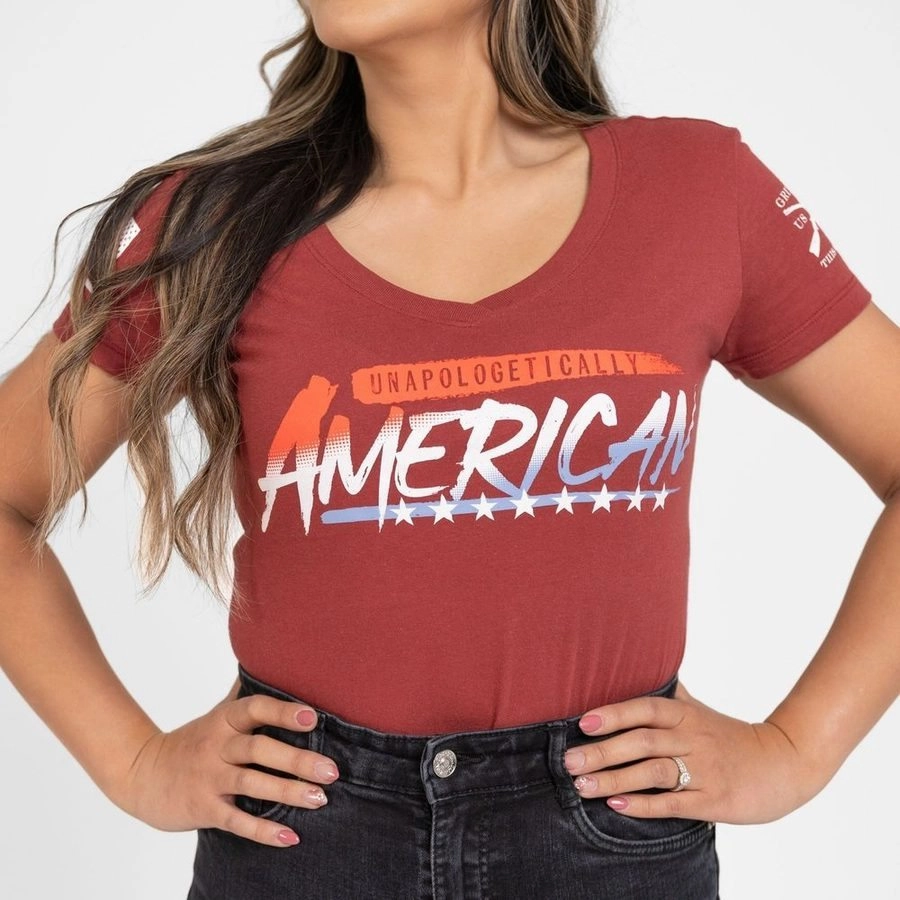 EcoFriendly Dye Sporty and Cool Women's Unapologetically American V-Neck - Red Plum