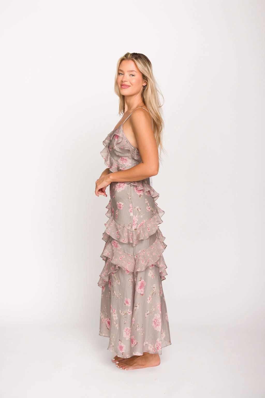 Amelia Ruffle Maxi Dress in Grey/Pink Floral *Final-Sale* Versatile Design Fresh Aesthetic
