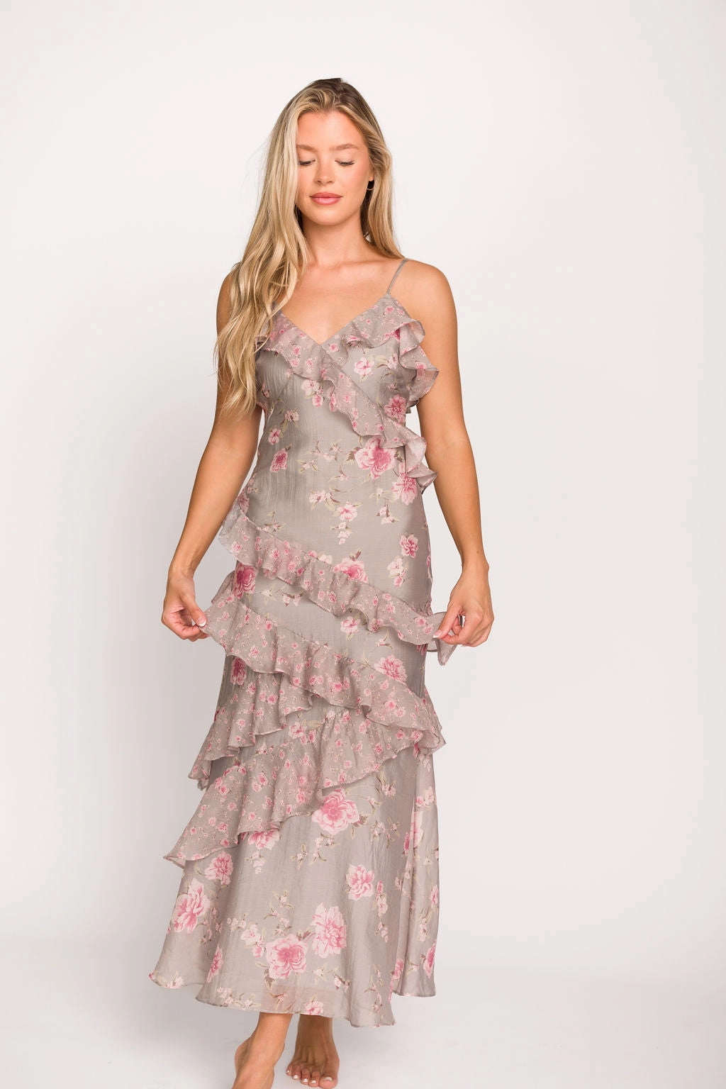 Printed-Fabric All-Day Fit Amelia Ruffle Maxi Dress in Grey/Pink Floral *Final-Sale*