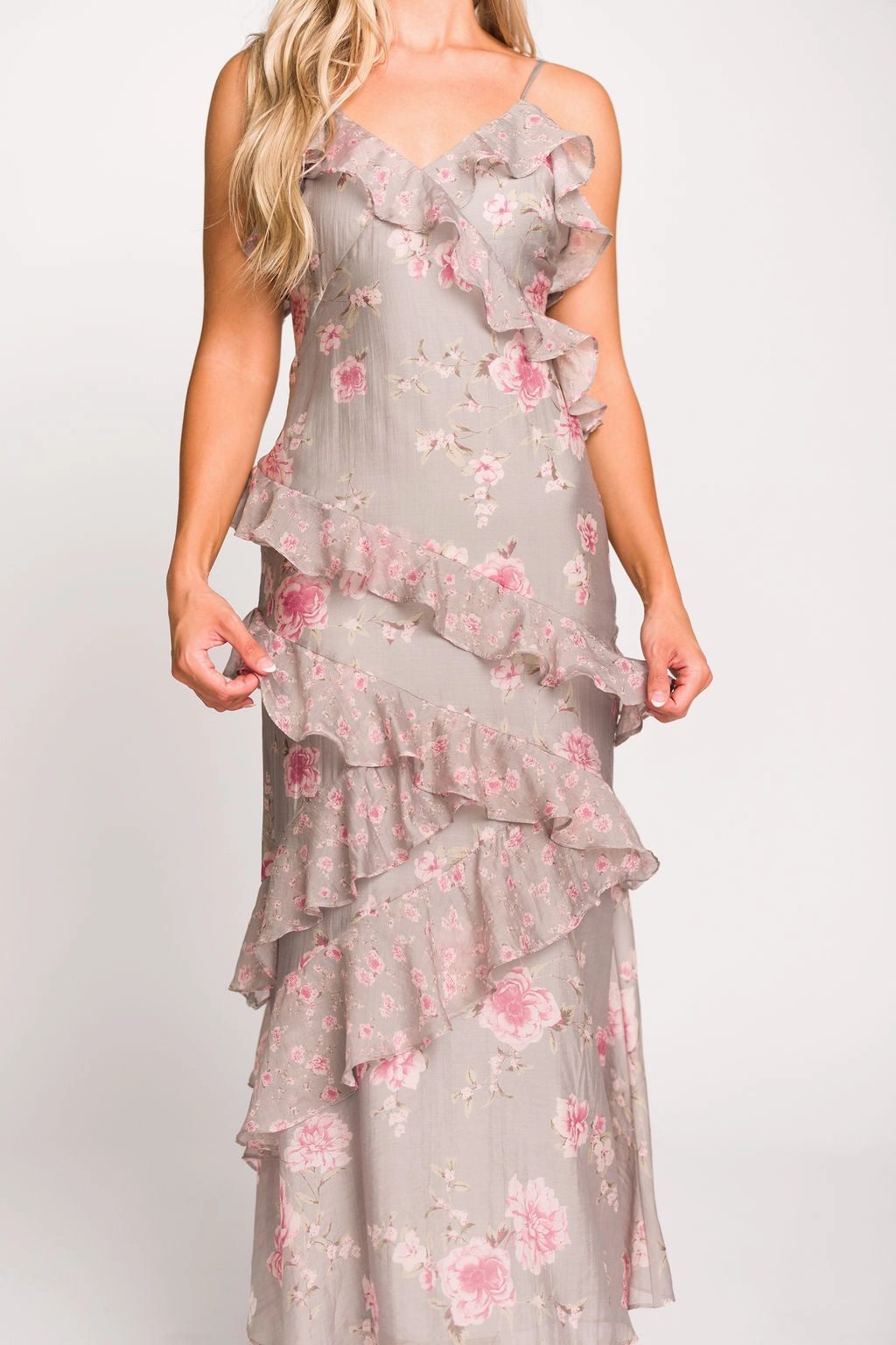 Amelia Ruffle Maxi Dress in Grey/Pink Floral *Final-Sale* Comfortable outdoor wear Satin Touch