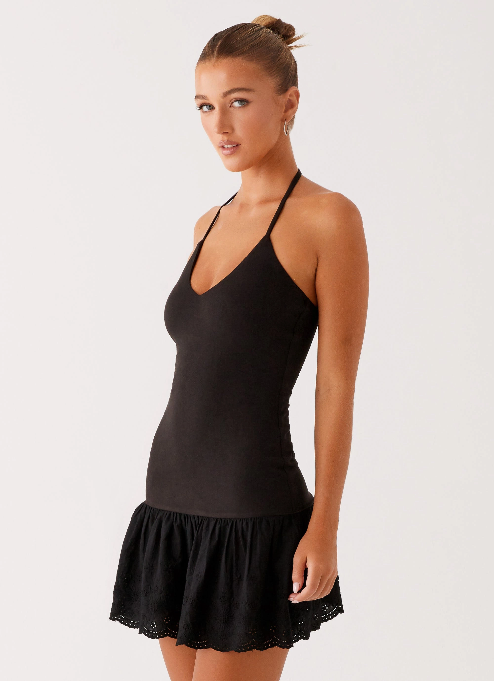 Amsterdam Mini Dress - Black Mesh-Sleeve Asymmetric-Neck