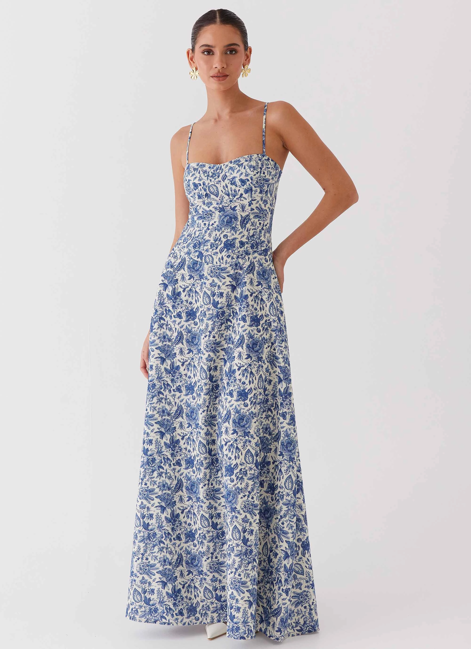 Angelina Linen Maxi Dress - Blue Paisley Durable-Fabric All-Purpose Comfort