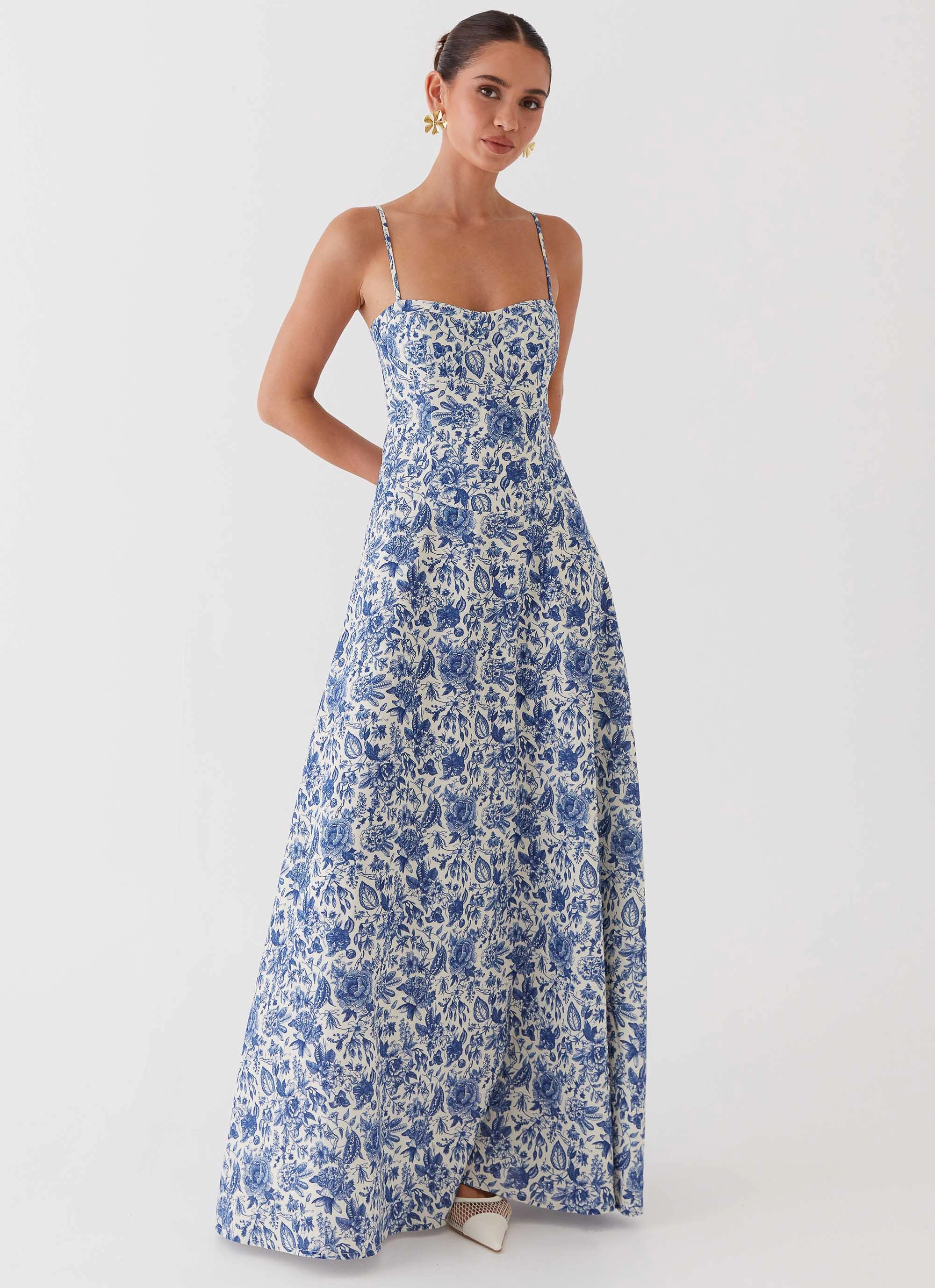 Natural Aesthetic Angelina Linen Maxi Dress - Blue Paisley