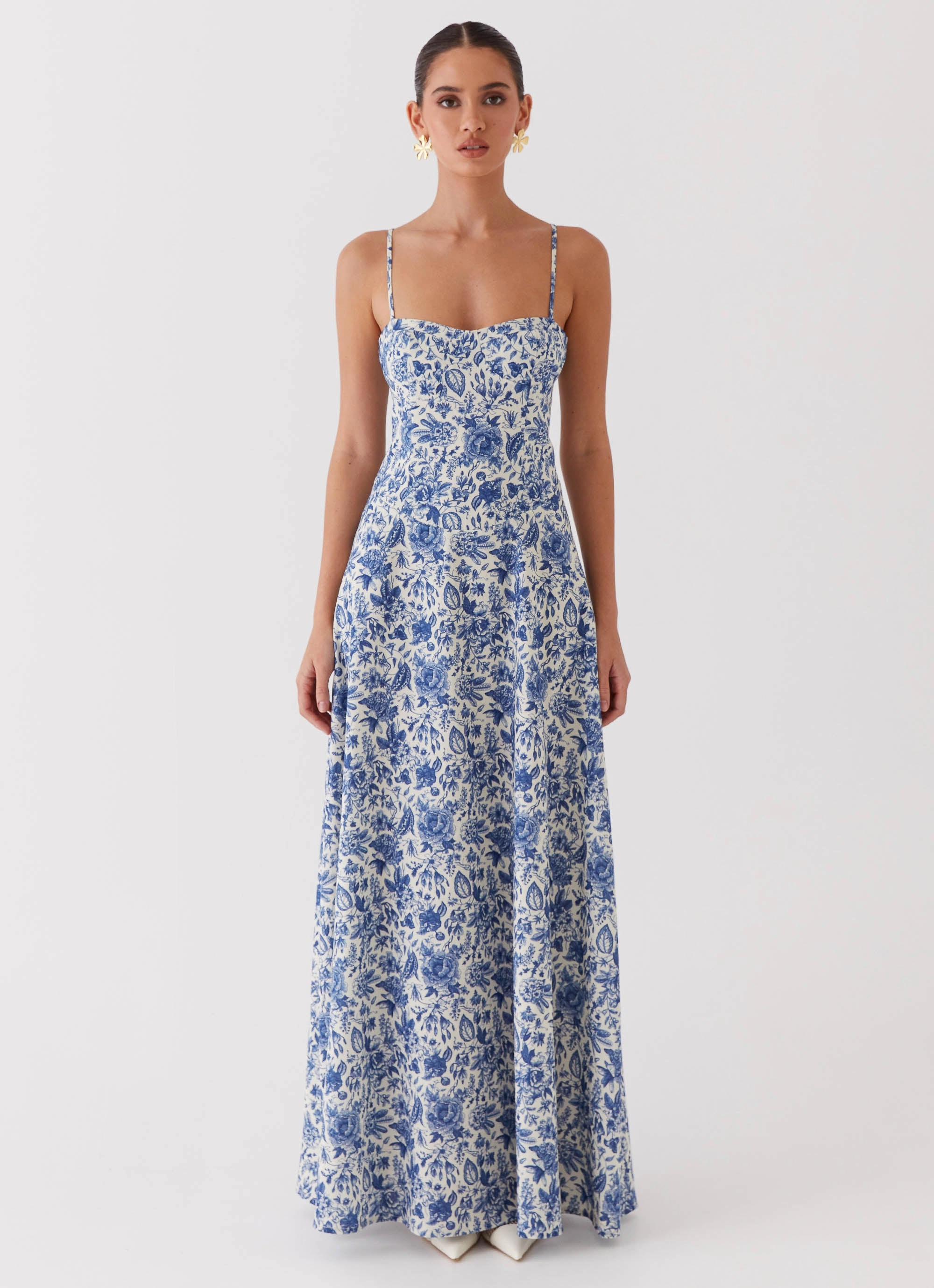 Cafe Vibe Move Free Angelina Linen Maxi Dress - Blue Paisley