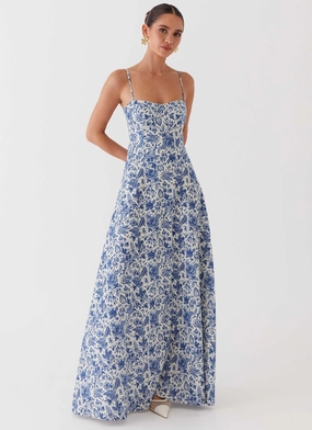 Natural Aesthetic Angelina Linen Maxi Dress - Blue Paisley