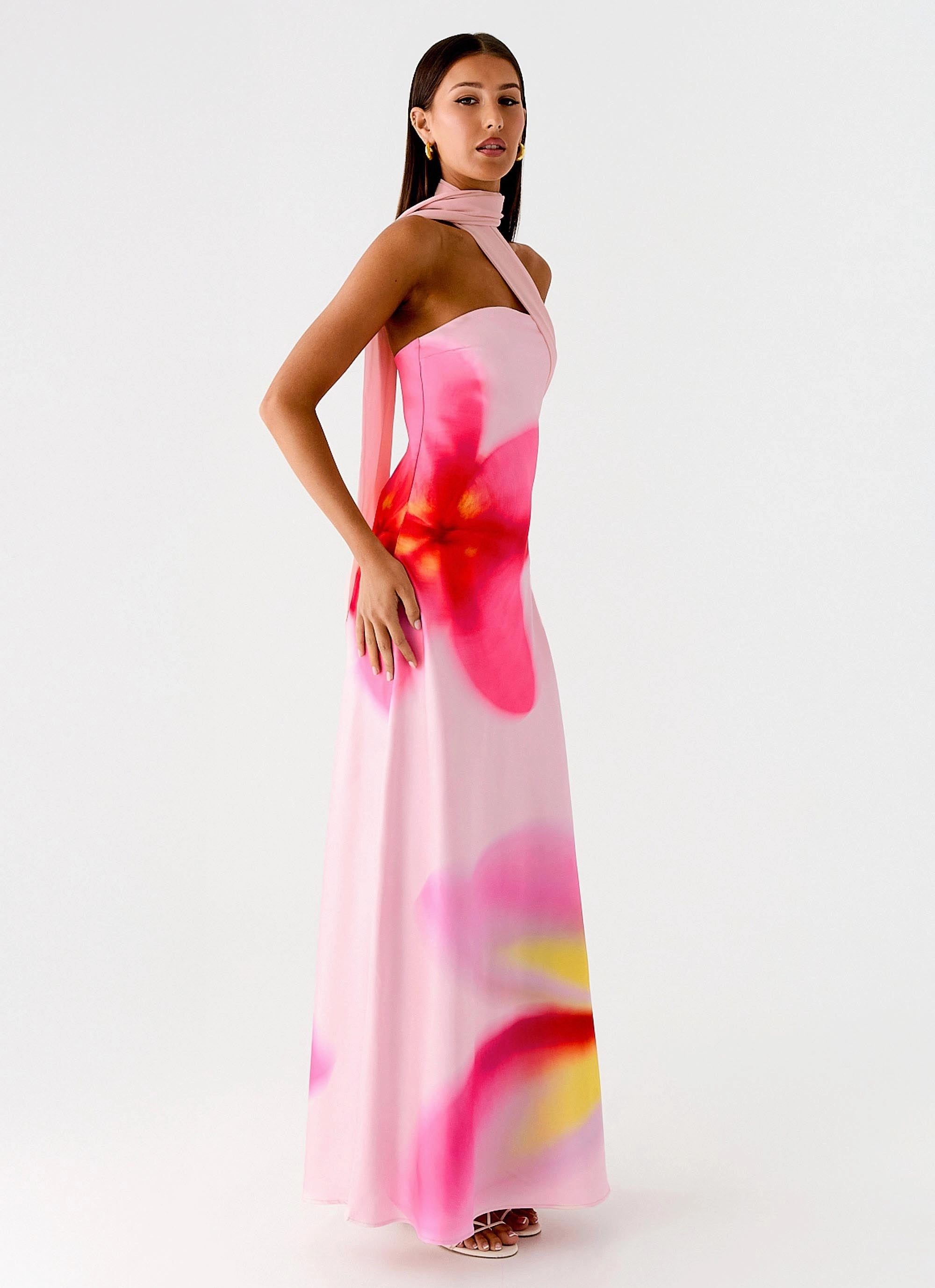 Isa Scarf Satin Maxi Dress - Frangipani Pink Modern Fit Ruffle Detail