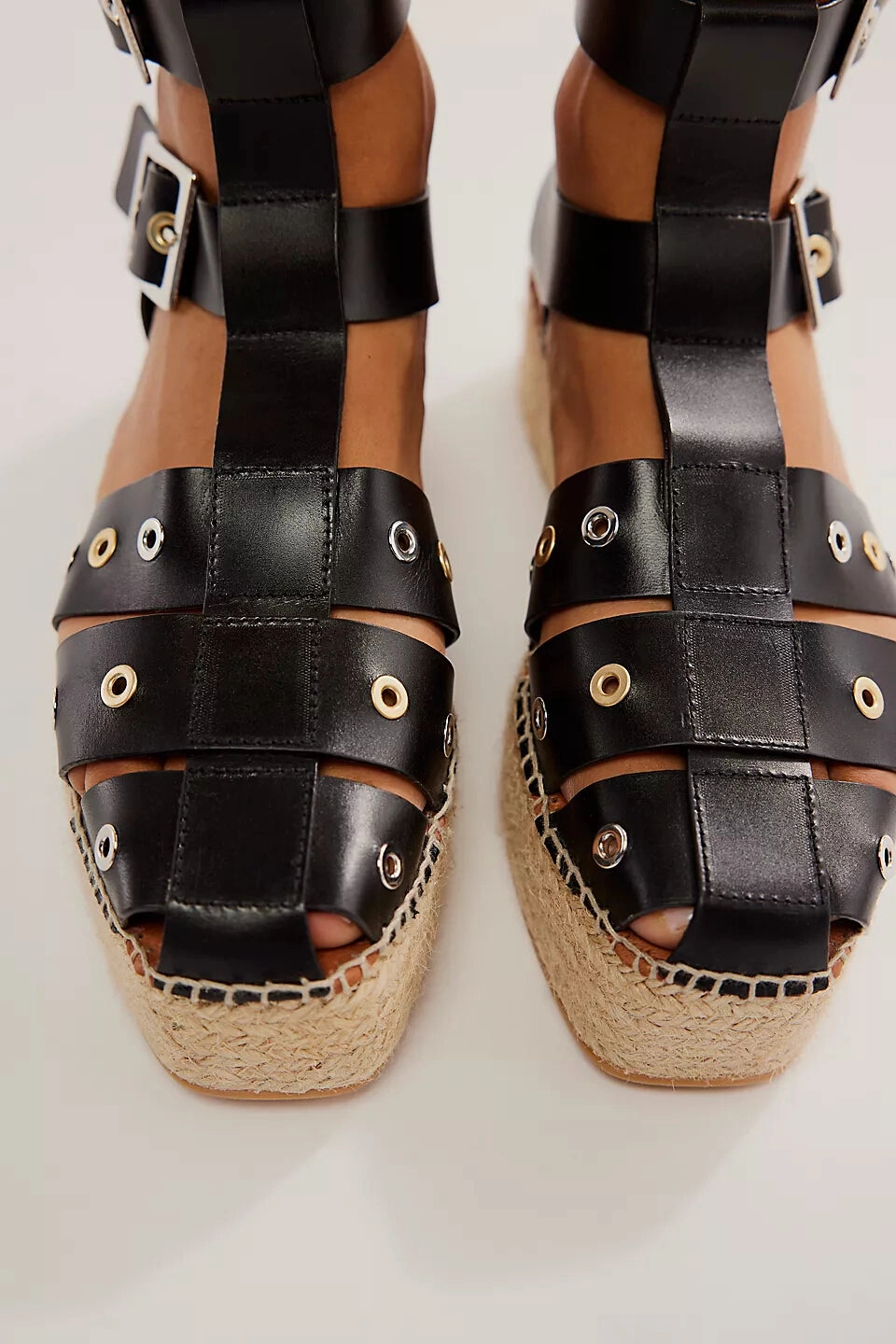 Free People Shoes Gable Gladiator Espadrilles in Black Waterproof Material Low Heel