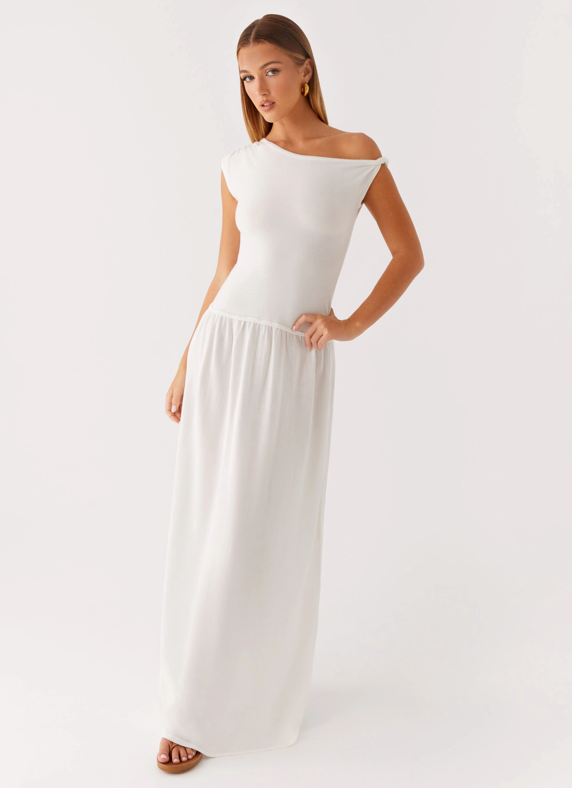 flattering appearance Delicate Edge Ardella One Shoulder Maxi Dress - Ivory