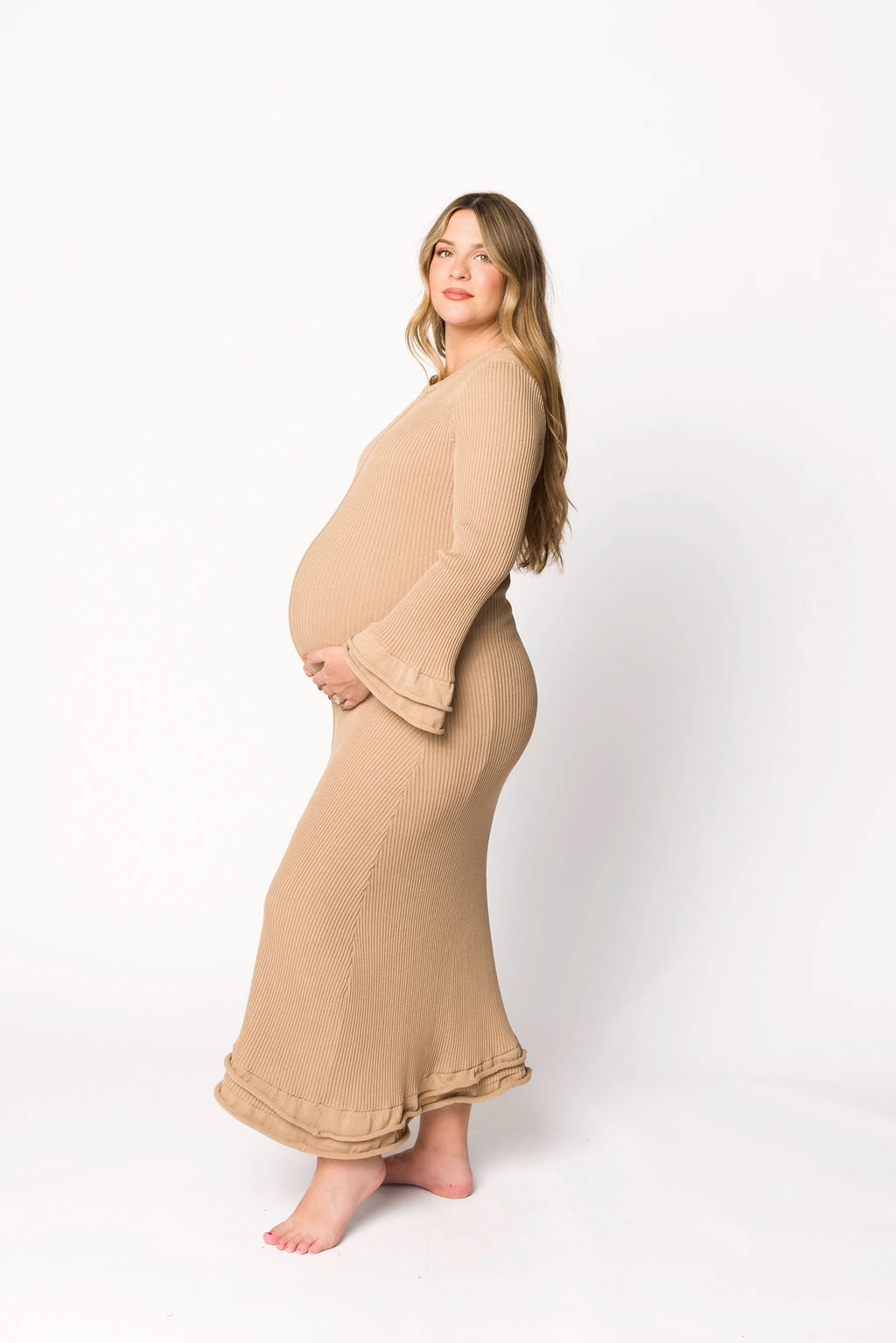 Arlet Dress in Taupe - Bump Friendly Clean Edge Satin Touch