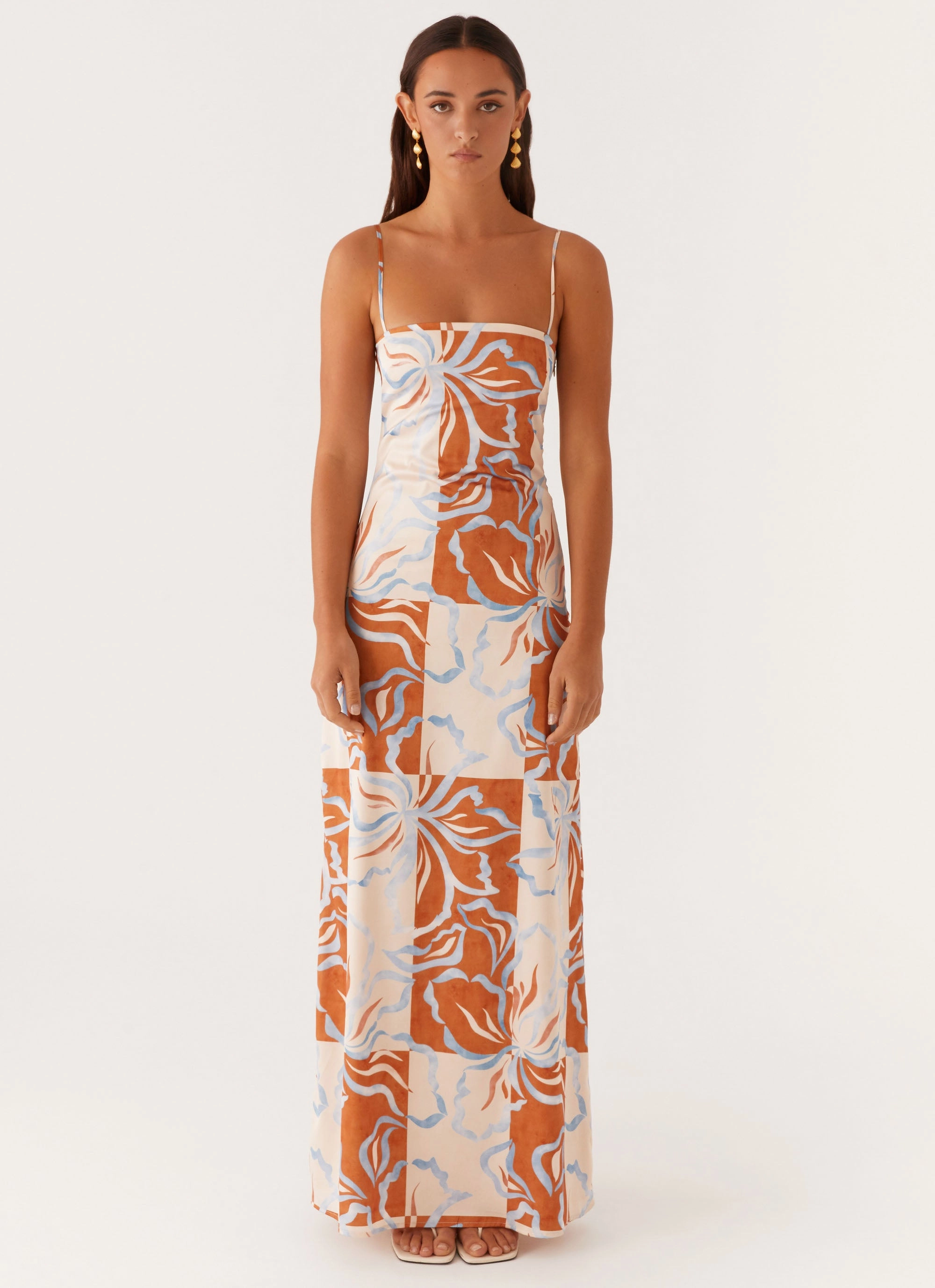 Subtle Drape Polished Details Aster Bloom Maxi Dress - Orange Blue Floral
