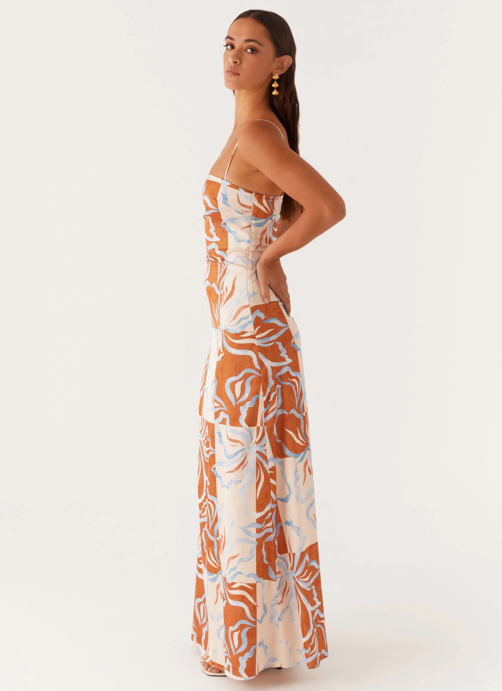 Aura Glow Aster Bloom Maxi Dress - Orange Blue Floral
