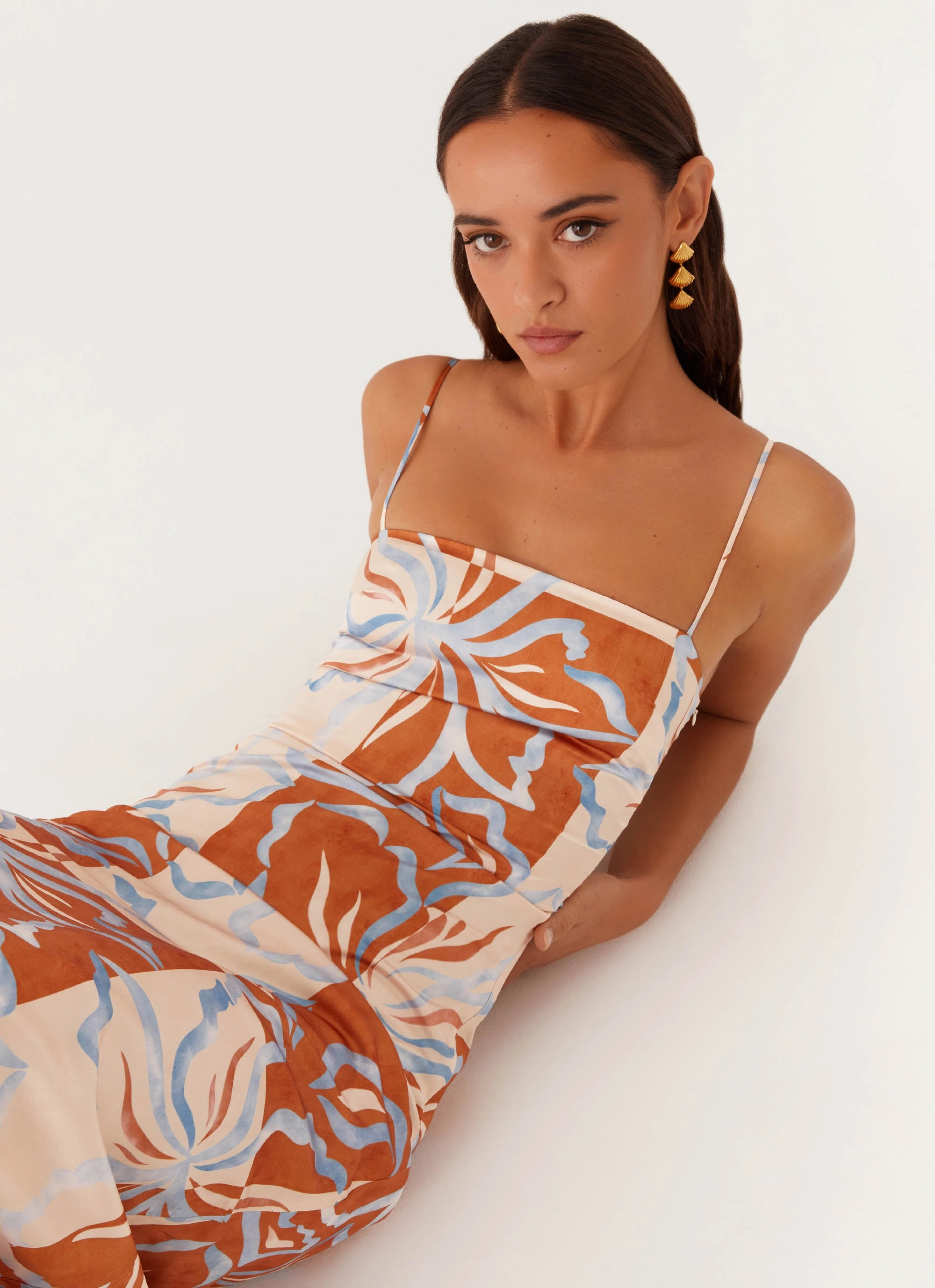 Aster Bloom Maxi Dress - Orange Blue Floral Soft Comfort Simple Elegance