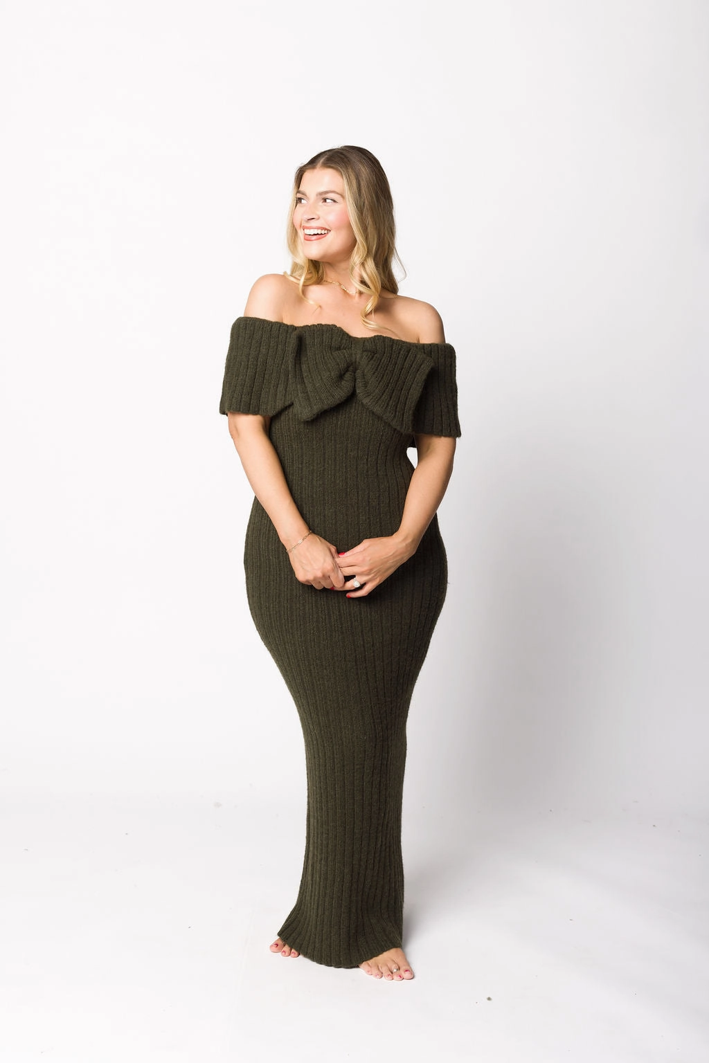 Aston Bow Front Maxi Sweater Dress in Dark Green - Bump Friendly All Fitwear