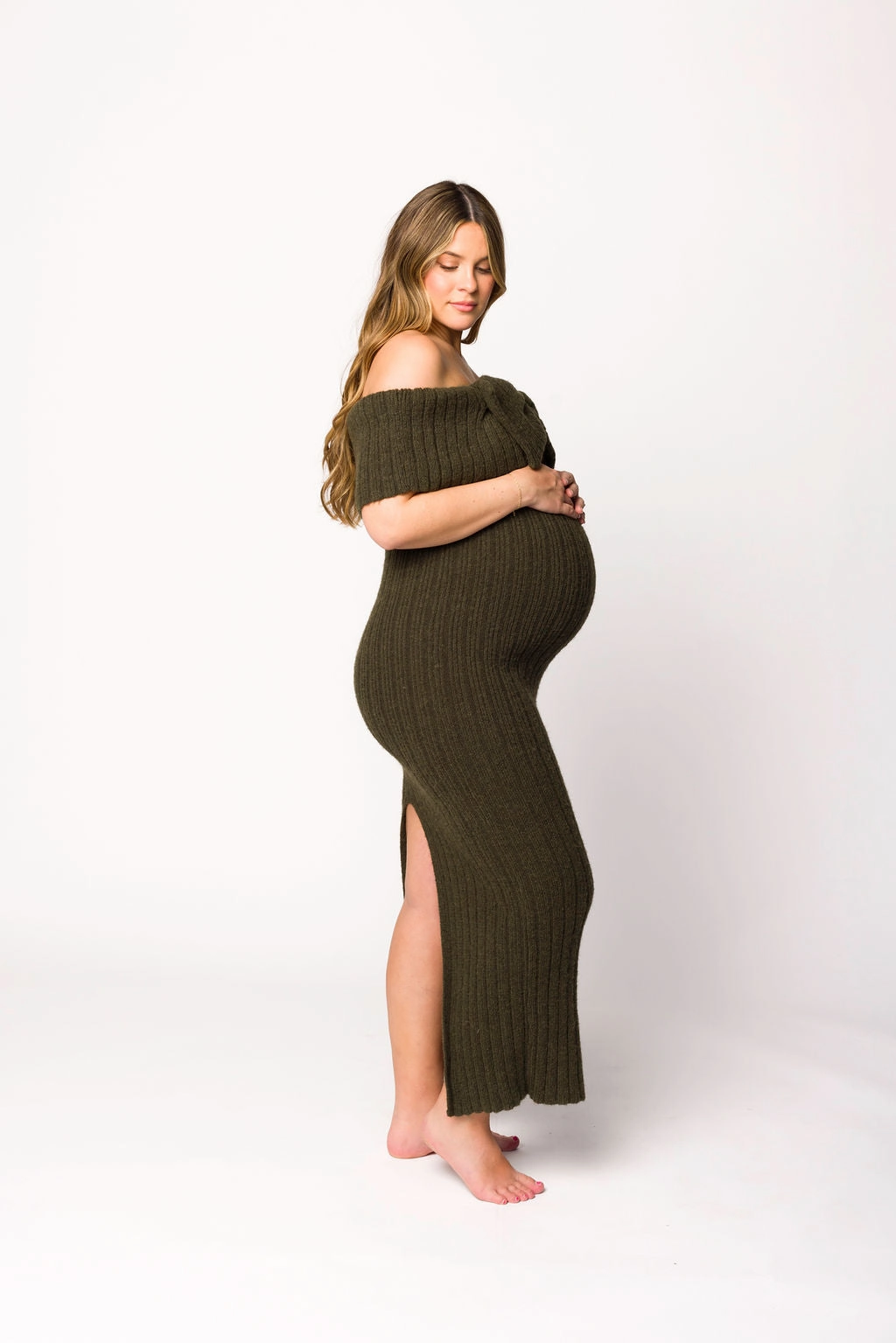 Season Ready Aston Bow Front Maxi Sweater Dress in Dark Green - Bump Friendly