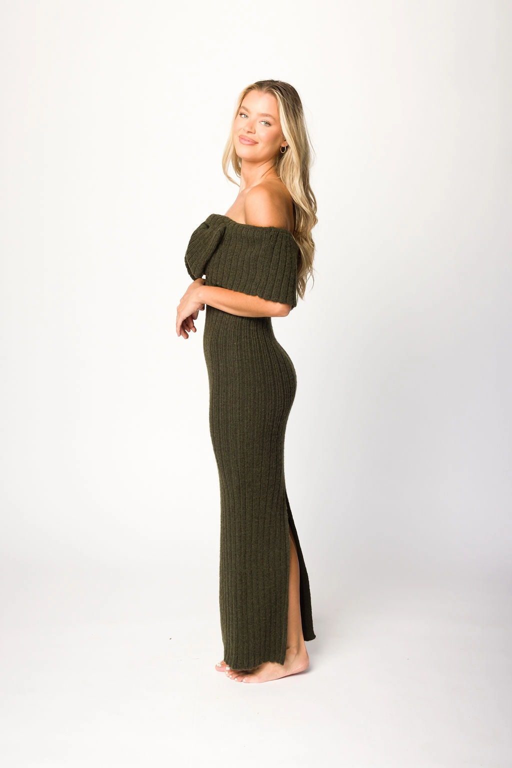 Aston Bow Front Maxi Sweater Dress in Dark Green - Bump Friendly High low hem