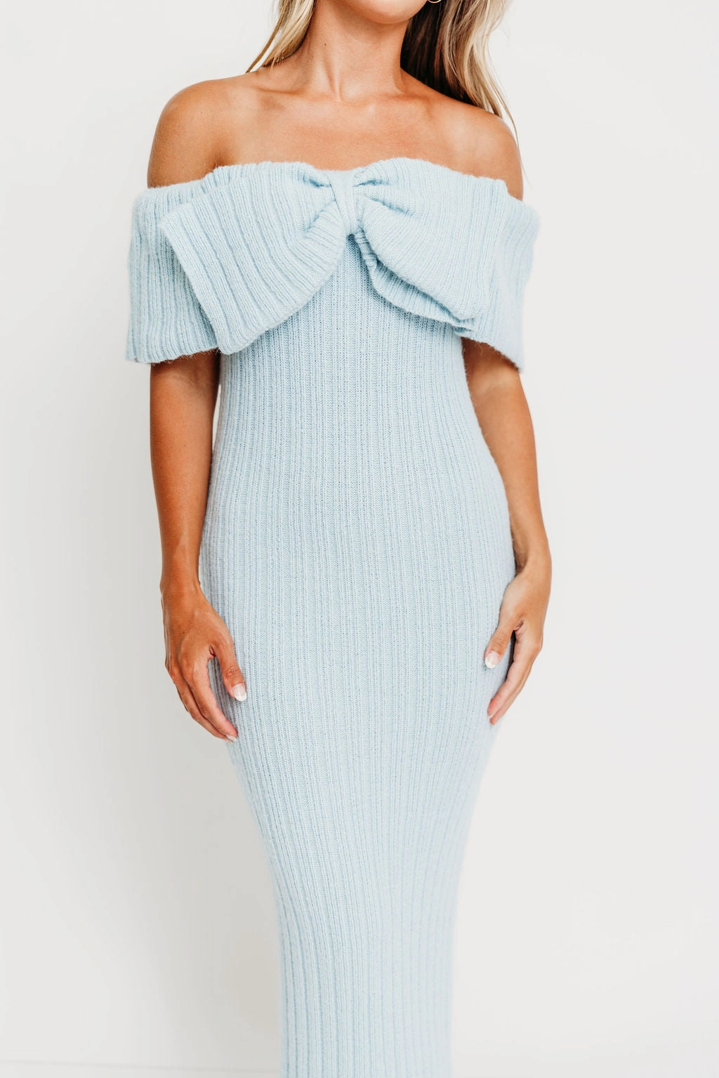 Poised Vibe Aston Bow Front Maxi Sweater Dress in Ice Metal?C Bump Friendly & Inclusive Sizing (S-3XL)