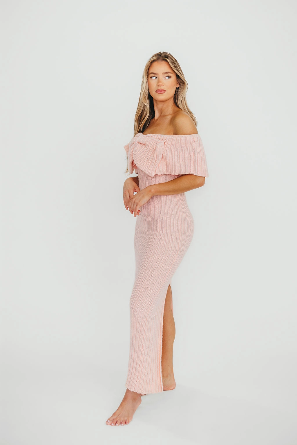 Shine Dressy Subtle Edge Aston Bow Front Maxi Sweater Dress in Pinkish Petal ?C Bump Friendly & Inclusive Sizing (S-3XL)