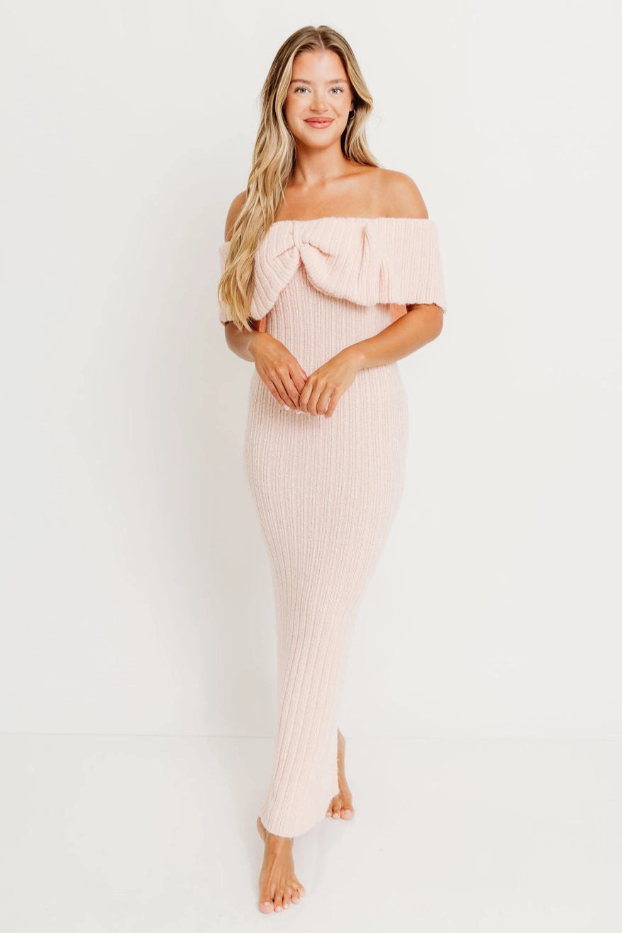 Glamorous look Subtle Flow Aston Bow Front Maxi Sweater Dress in Pinkish Petal ?C Bump Friendly & Inclusive Sizing (S-3XL)