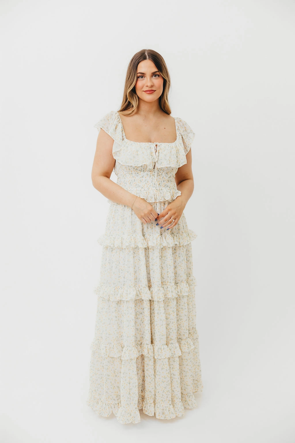 Astrid Ruffle Detail Maxi Dress in Yellow Floral  - Bump Friendly Grass Soft Adjustable-Straps